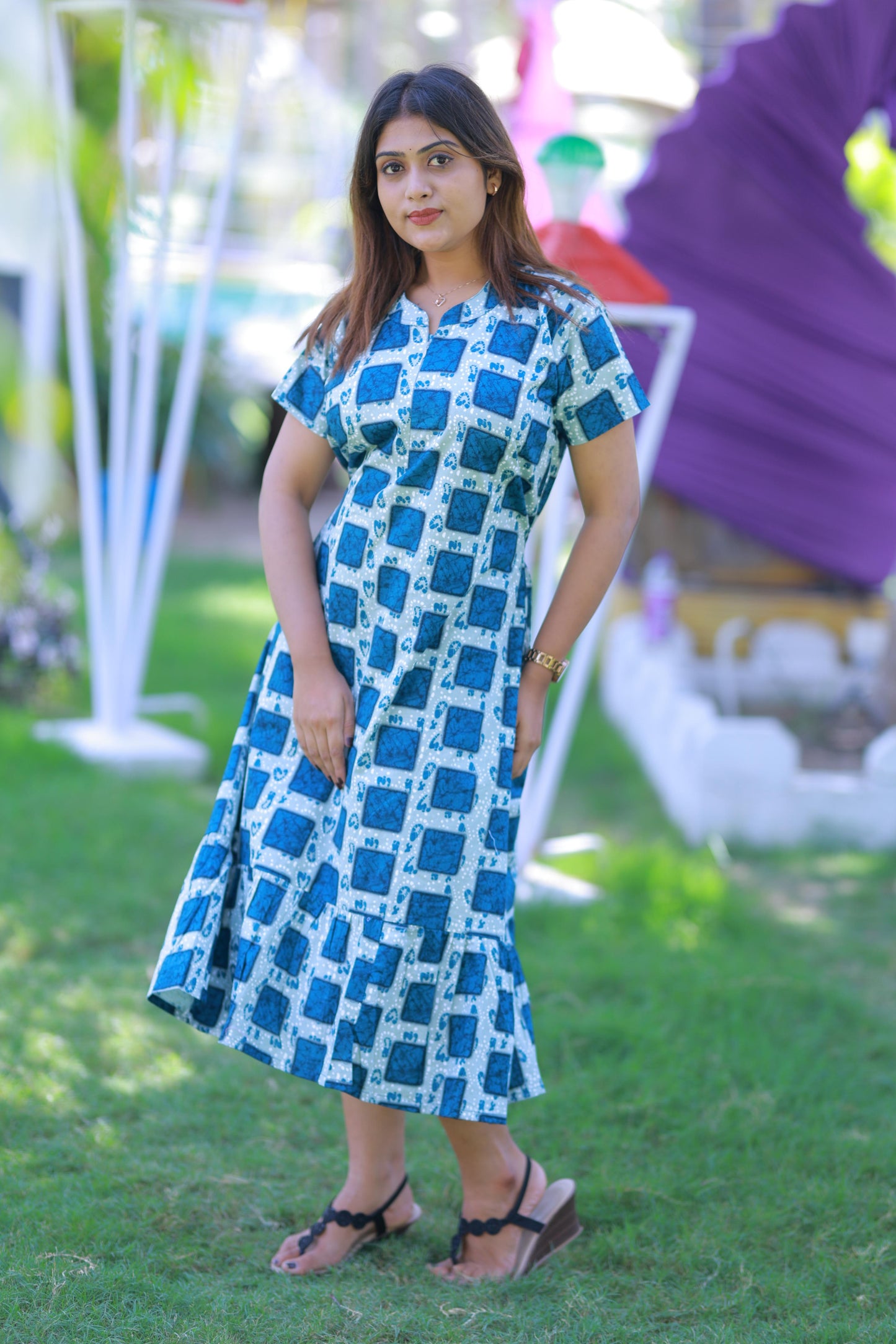 Dark Gray With Ramar Green Collar Design Midi gown Nighty