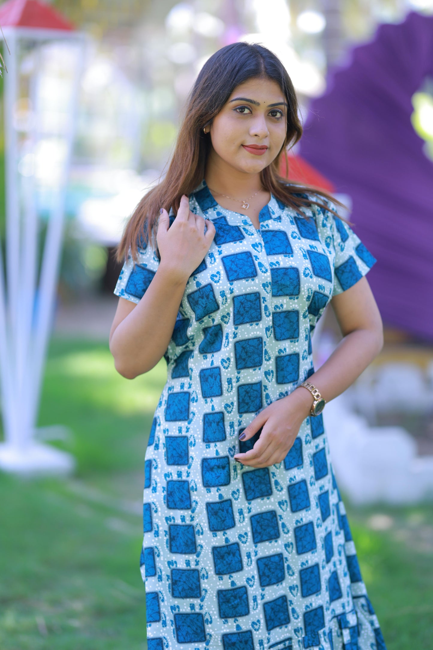 Dark Gray With Ramar Green Collar Design Midi gown Nighty