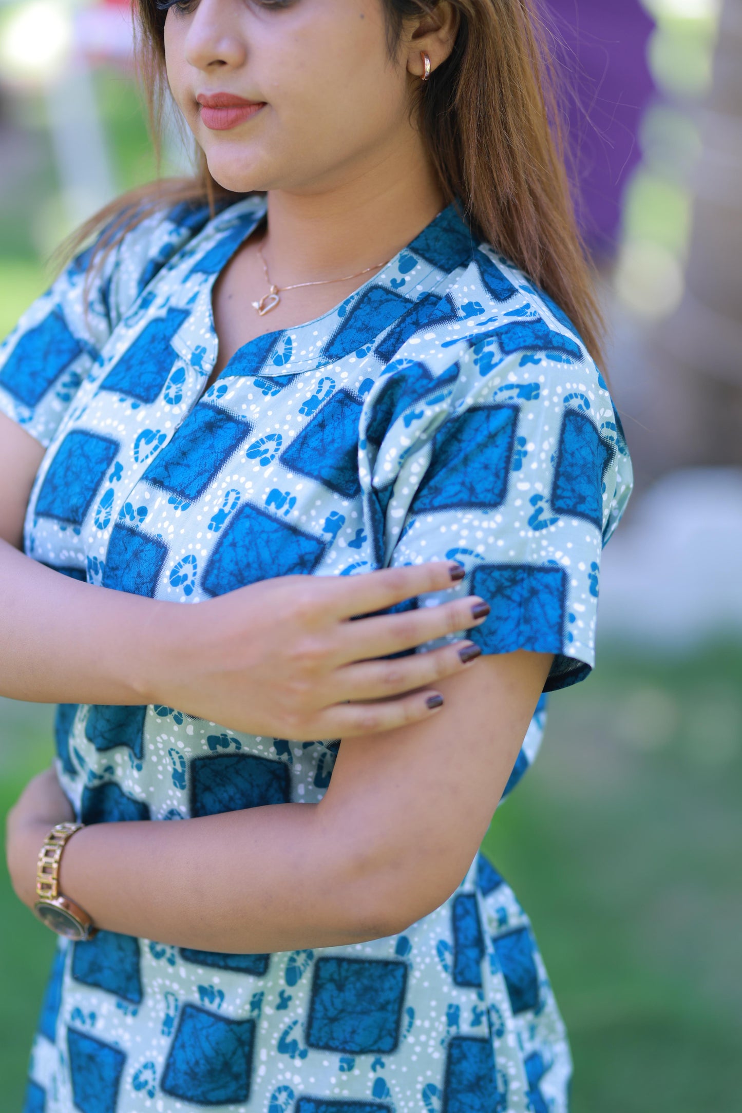 Dark Gray With Ramar Green Collar Design Midi gown Nighty