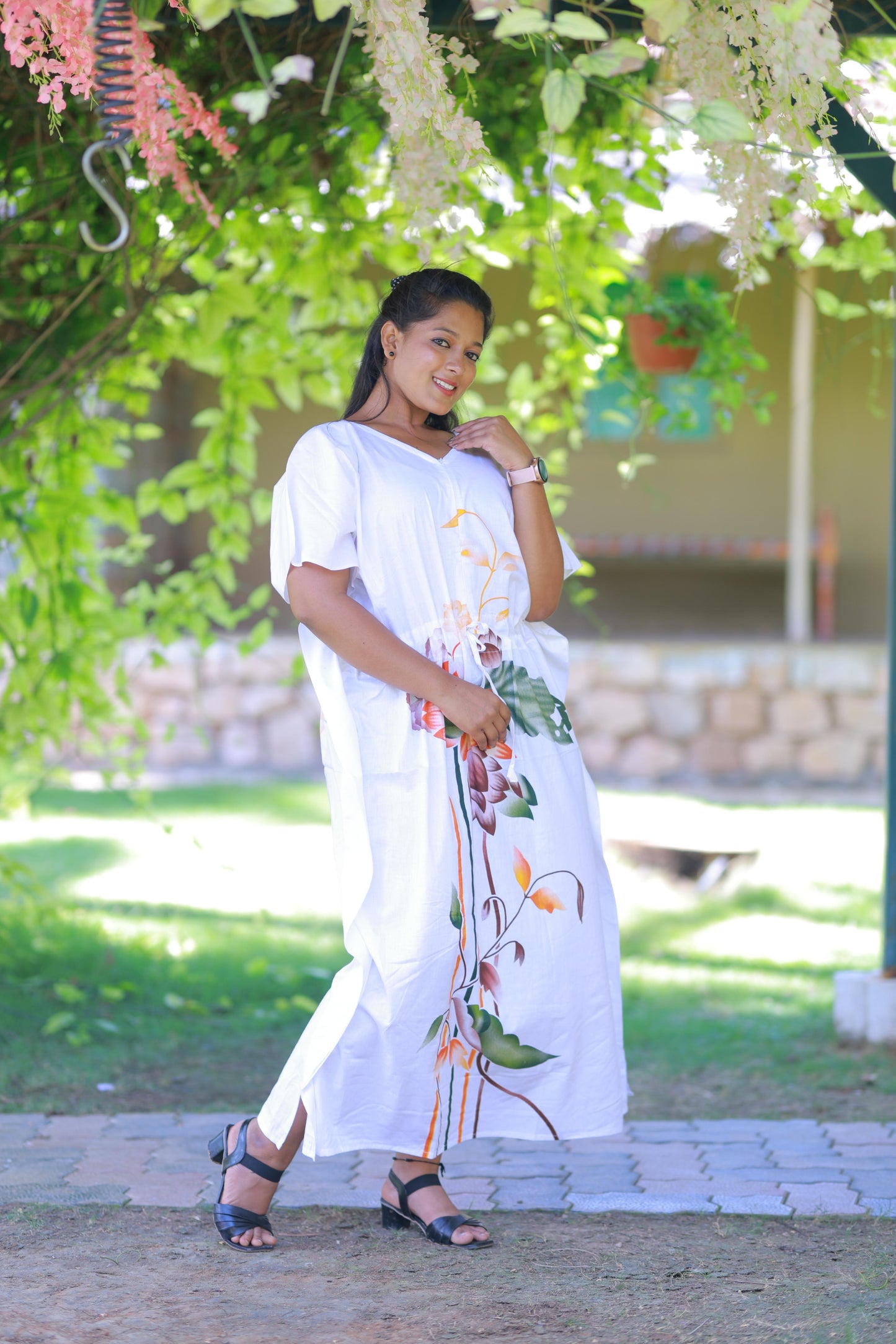 White With Orange and Green Flower casual cotton kaftan with center zip