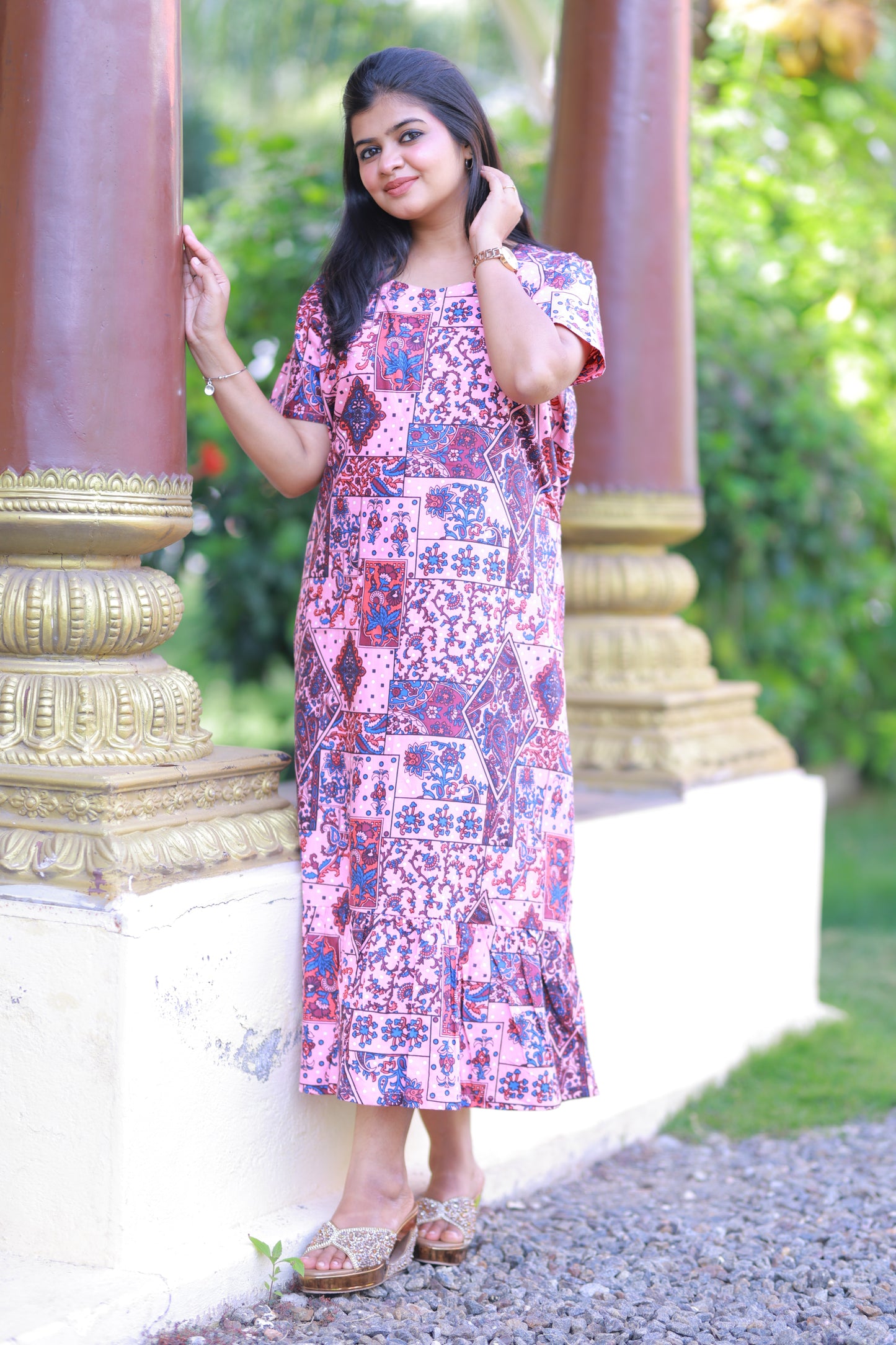 Light Pink With Red and Blue Floral Pattern Design Midi gown Nighty