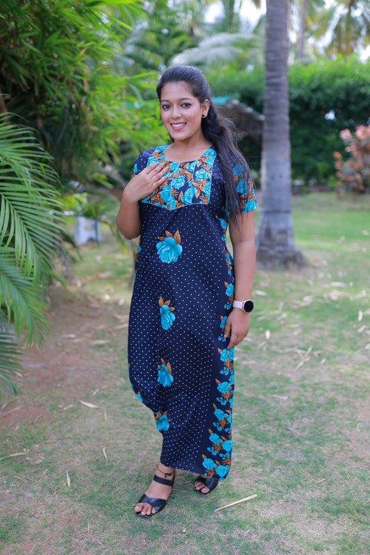 Dark Blue With Sky Blue and Brown Flower Design Piping Without Zip Nighty
