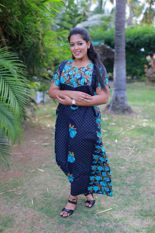 Dark Blue With Sky Blue and Brown Flower Design Piping Without Zip Nighty