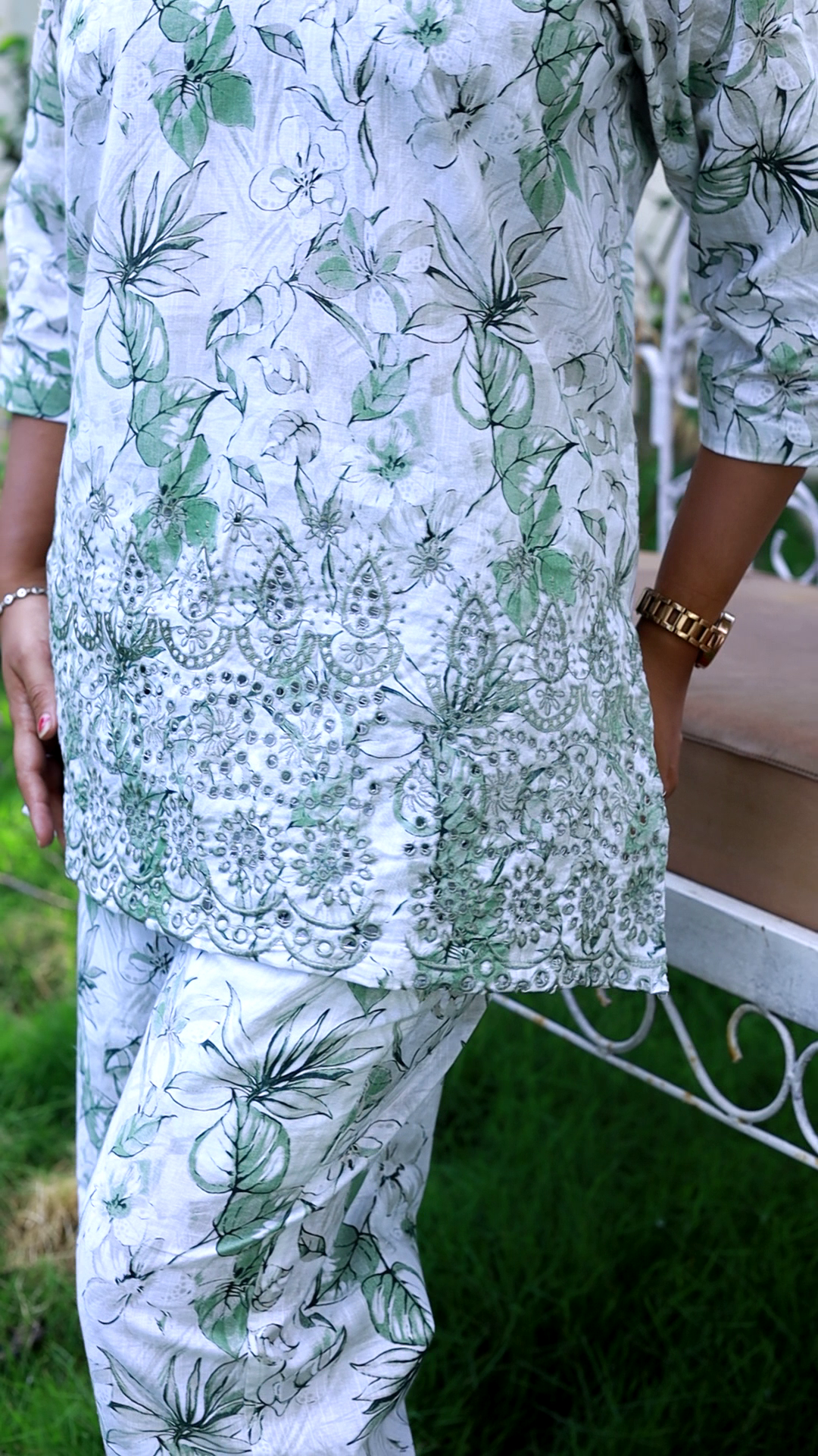 Green Linen schiffli embroidery co-ord set
