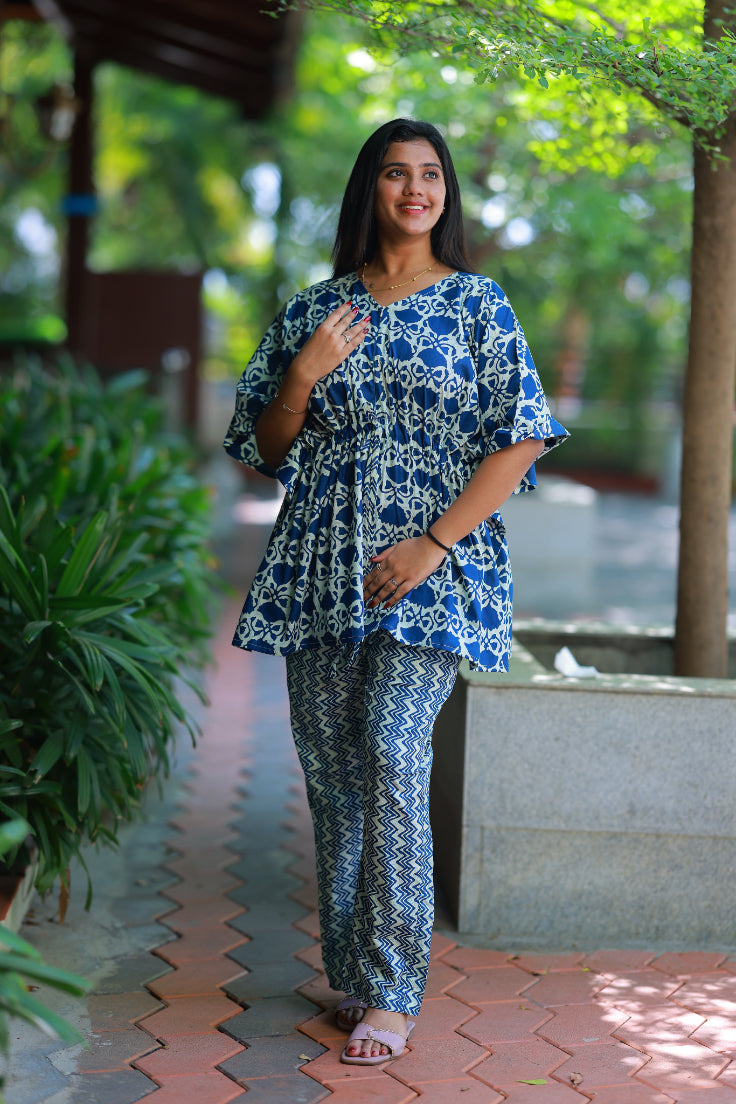 Blue With Flower Pretty Jaipur cotton kaftan with pyjamas set pcs set