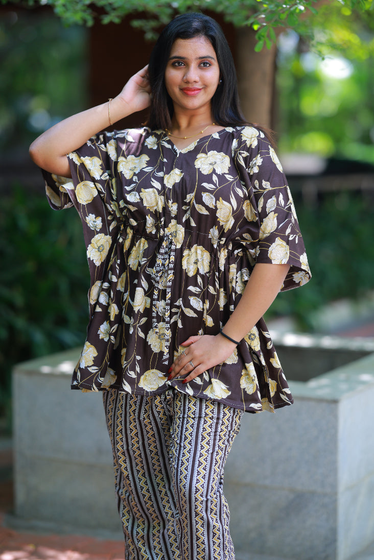 Dark Brown Pretty Jaipur cotton kaftan with pyjamas set ( 2 pcs set ) - AHA Nightwears