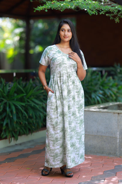 White with Green Small Checked Floral Design center zip Frock