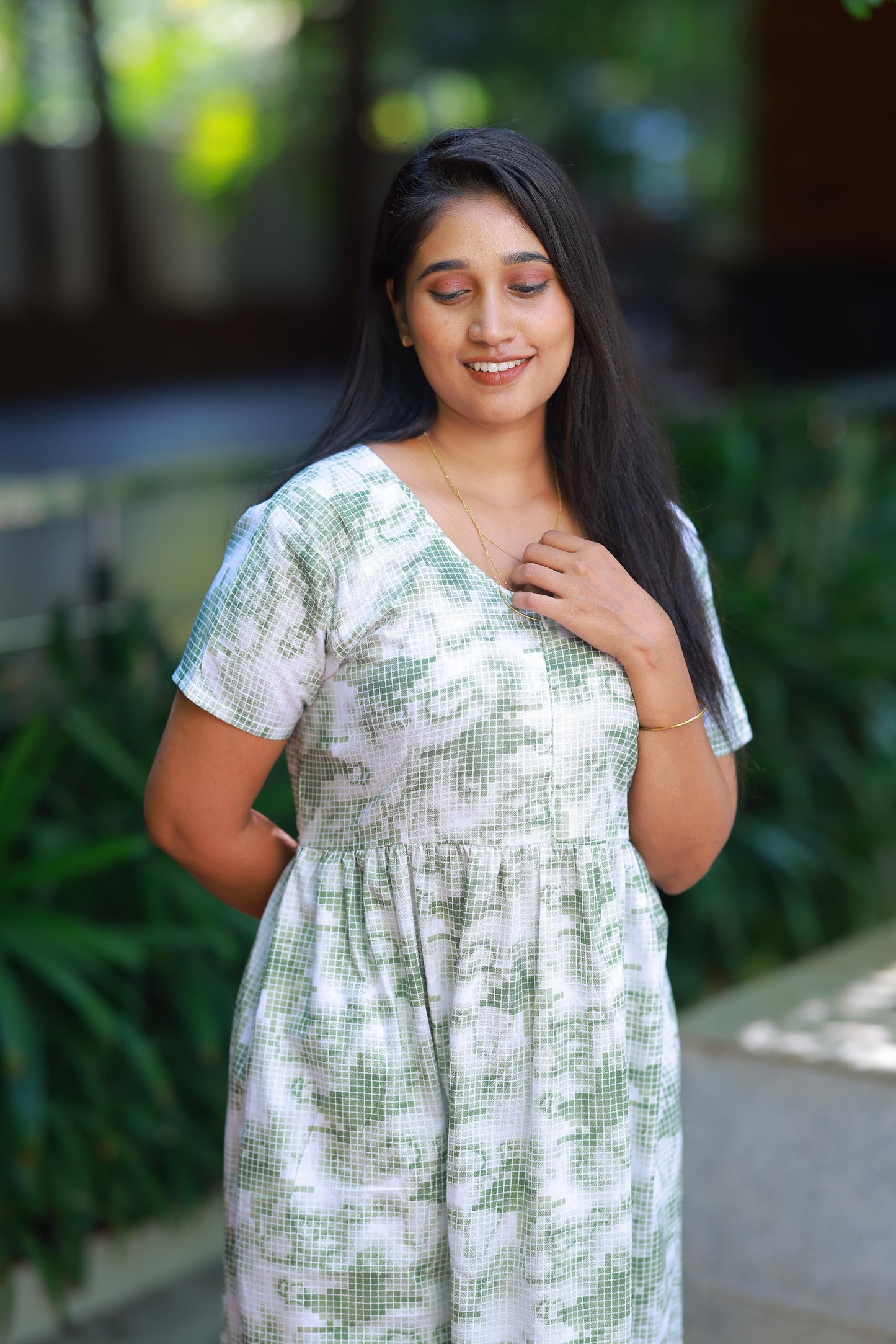 White with Green Small Checked Floral Design center zip Frock