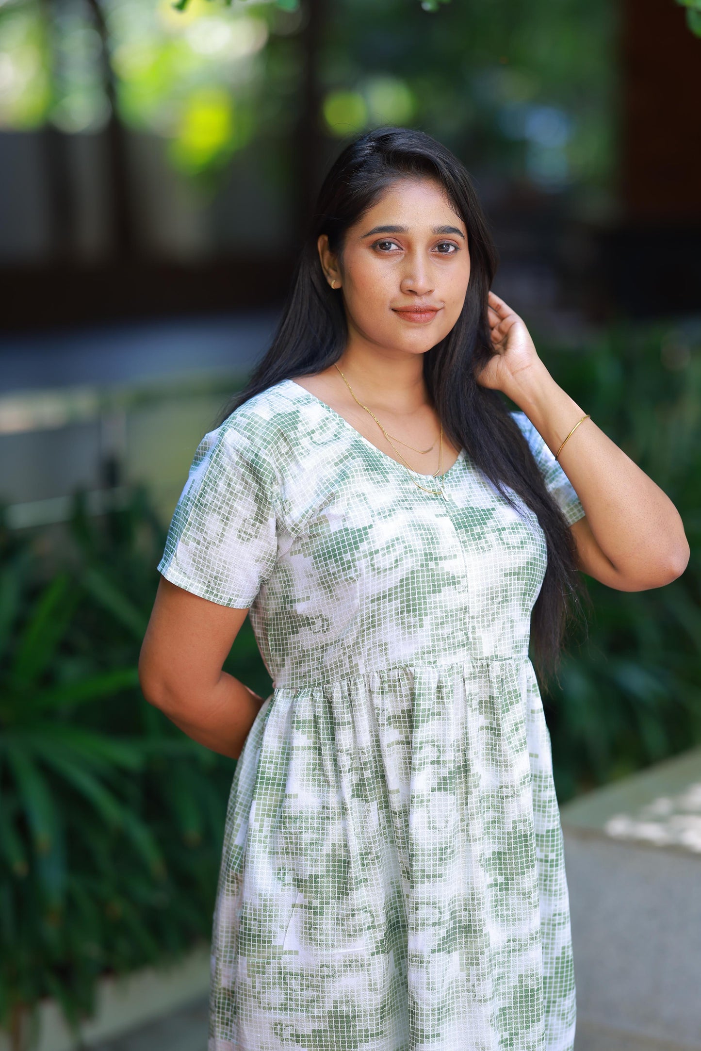 White with Green Small Checked Floral Design center zip Frock