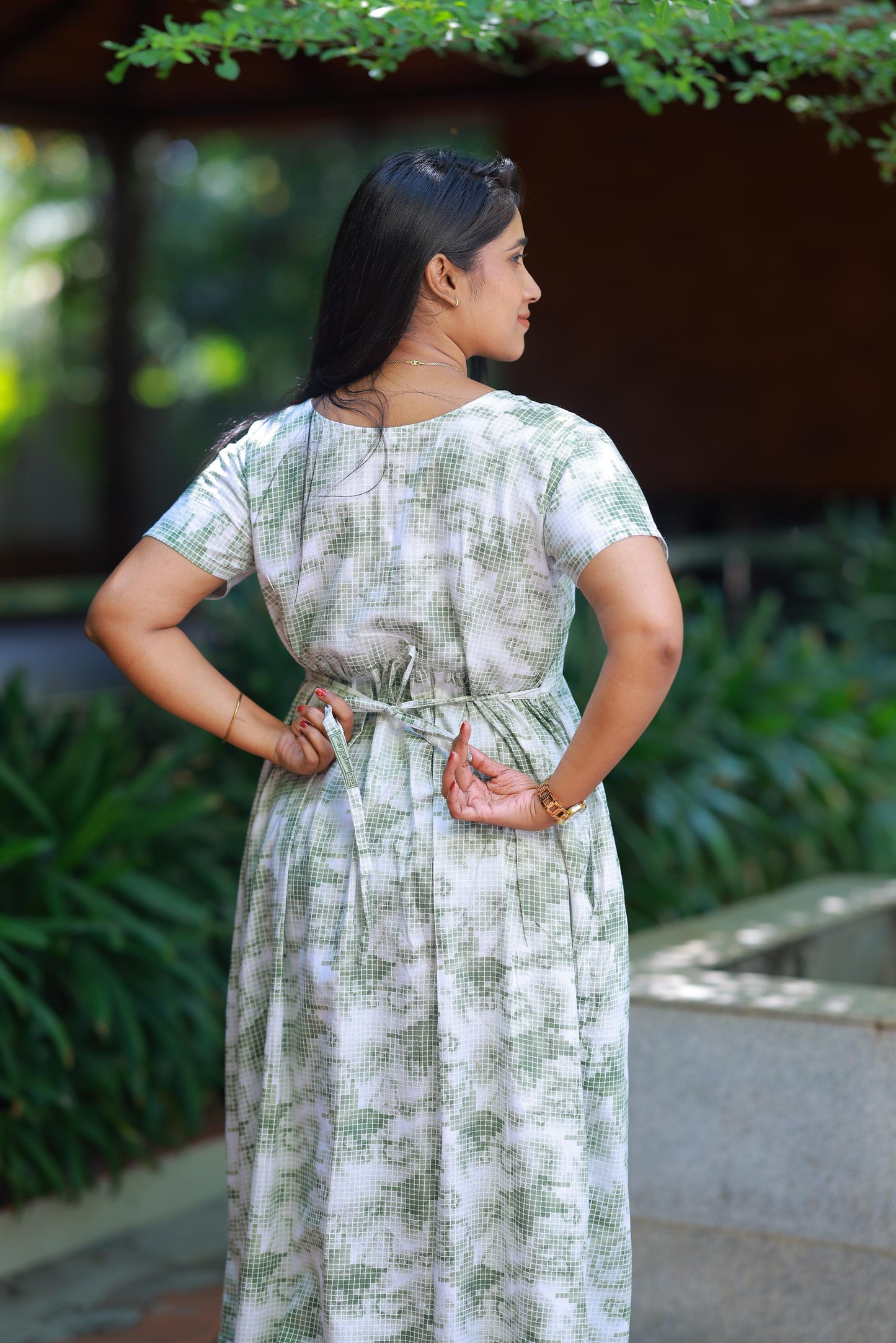 White with Green Small Checked Floral Design center zip Frock