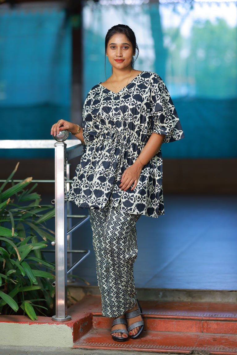 Black With Flower Pretty Jaipur cotton kaftan with pyjamas set ( 2 pcs set ) - AHA Nightwears