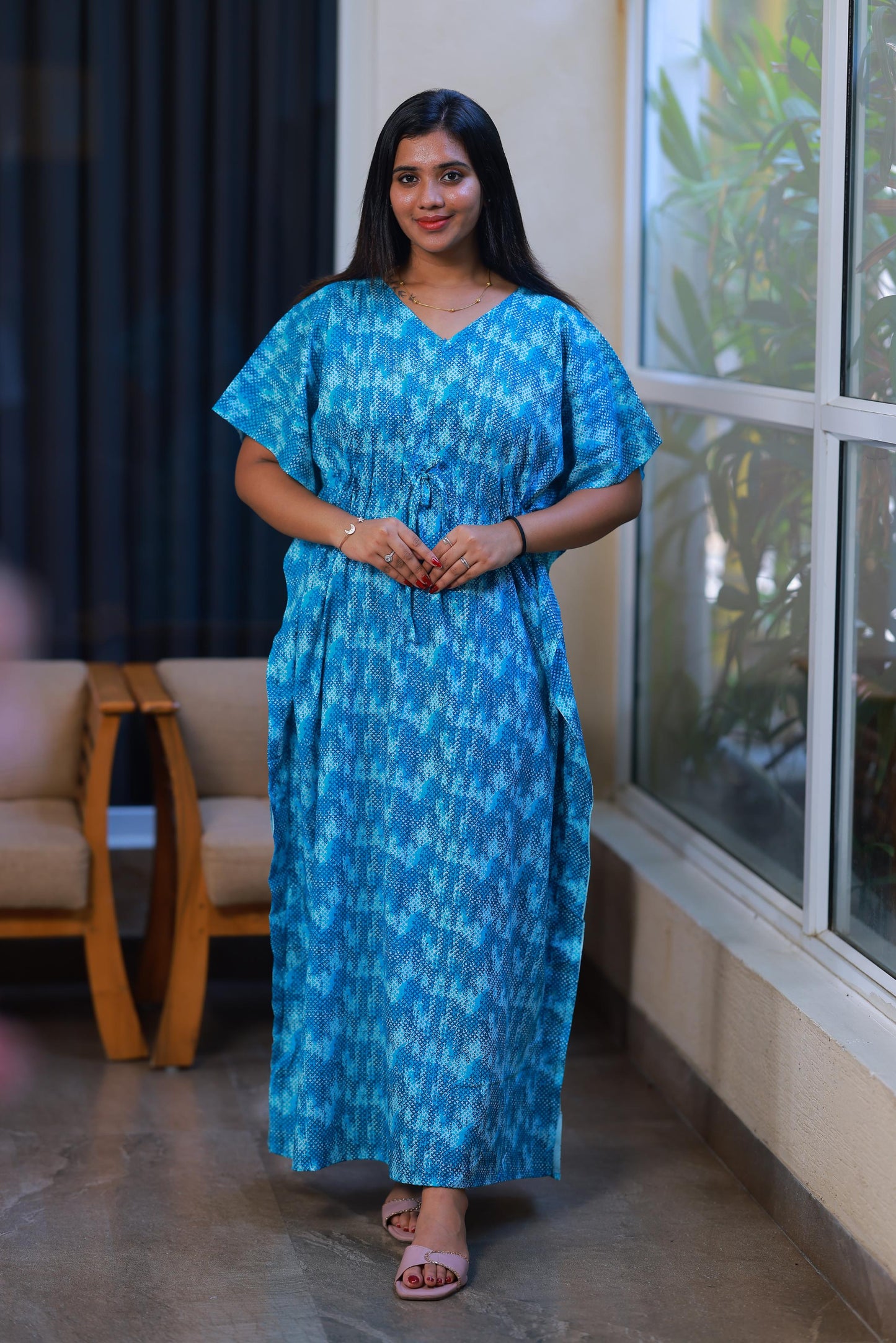 Dark Blue With Blue casual cotton kaftan with center zip