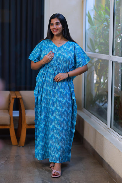 Dark Blue With Blue casual cotton kaftan with center zip