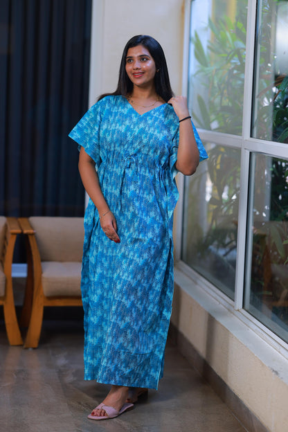 Dark Blue With Blue casual cotton kaftan with center zip