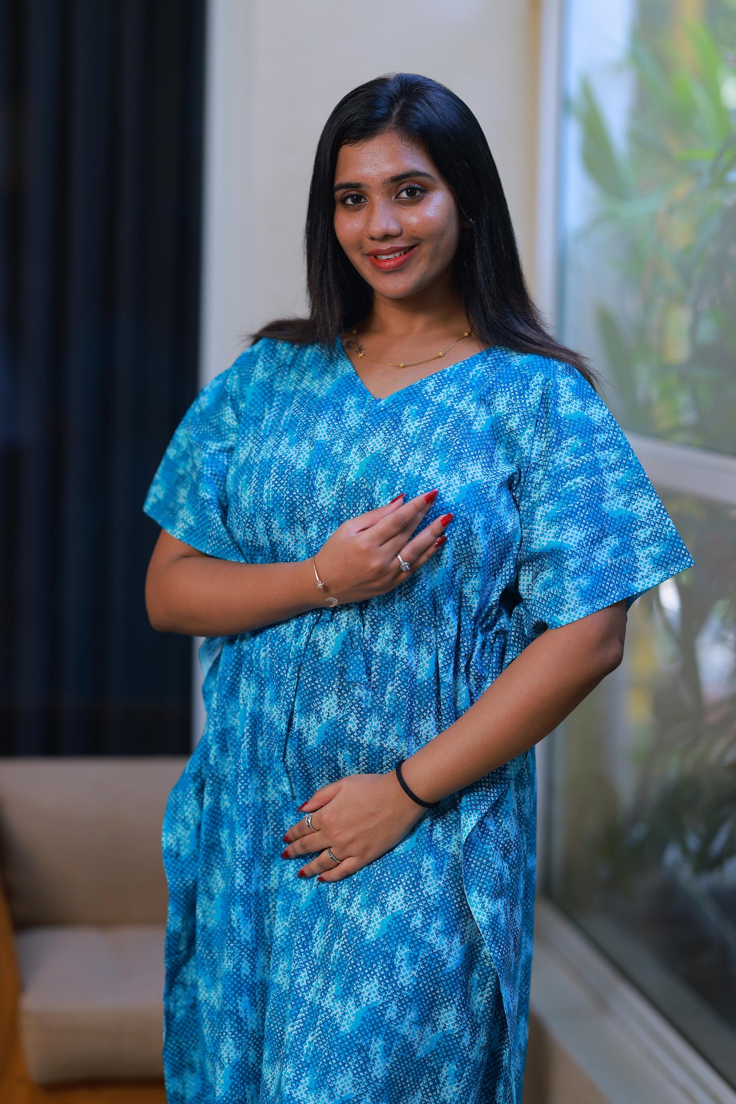 Dark Blue With Blue casual cotton kaftan with center zip