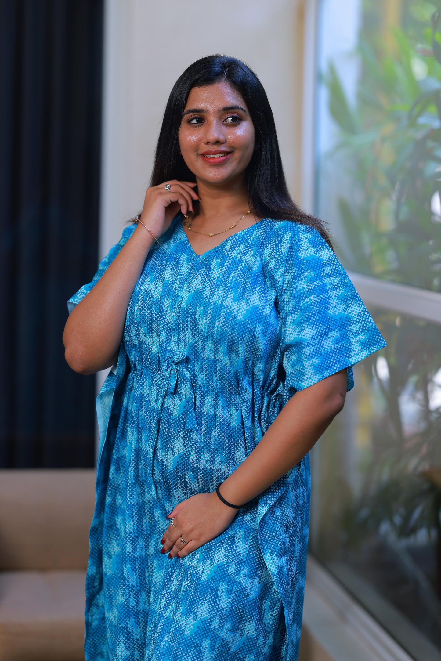 Dark Blue With Blue casual cotton kaftan with center zip