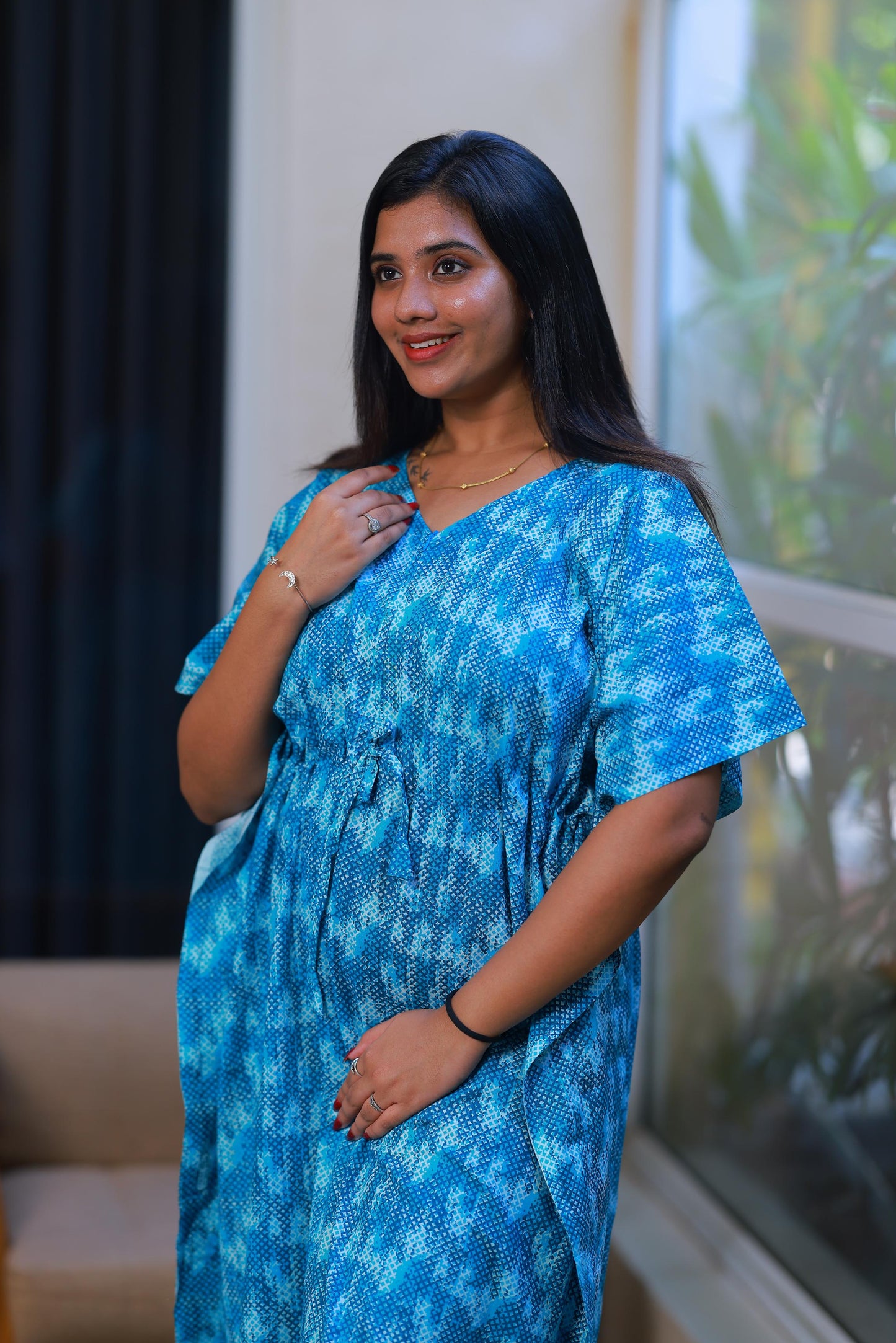 Dark Blue With Blue casual cotton kaftan with center zip