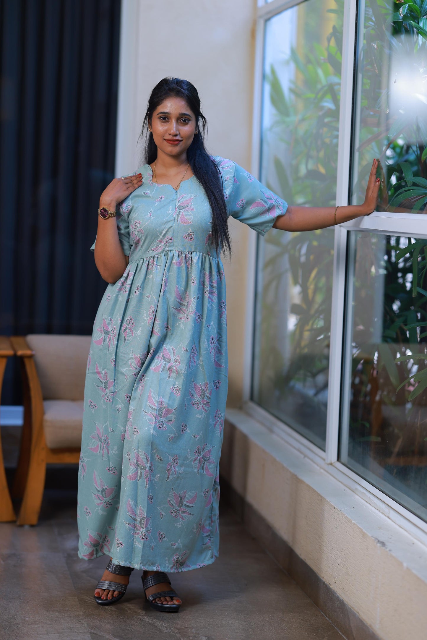 Light Green with Pink Flower Alphine design Center zip Frock