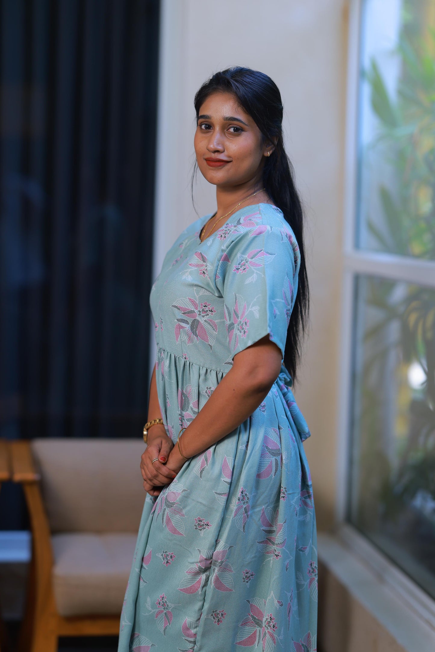 Light Green with Pink Flower Alphine design Center zip Frock