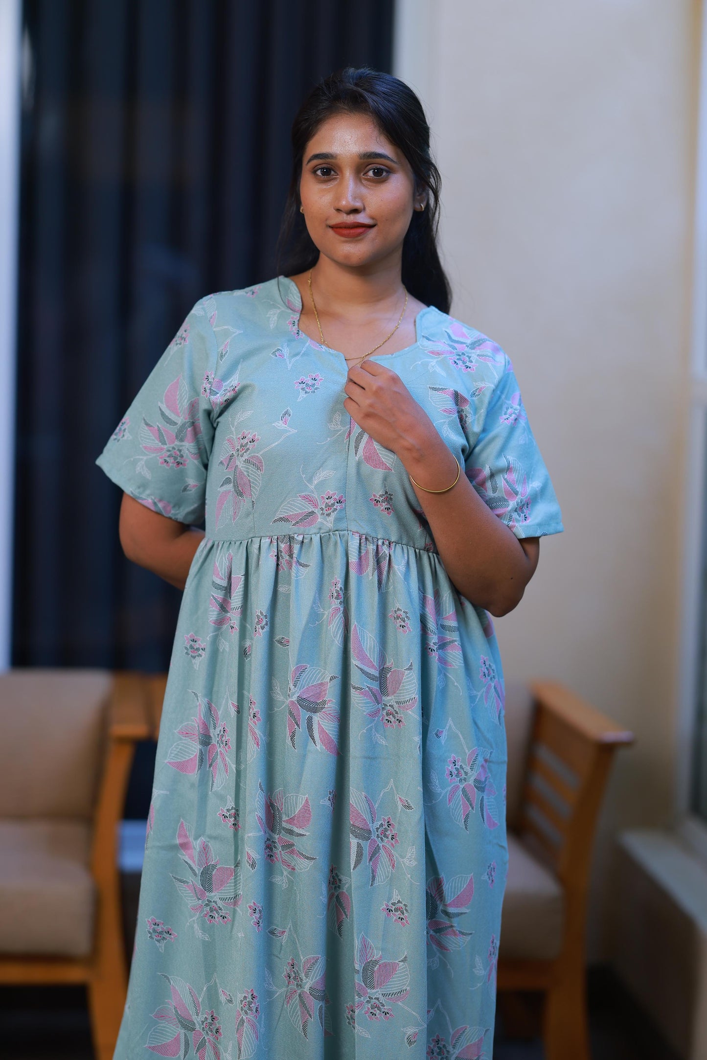Light Green with Pink Flower Alphine design Center zip Frock
