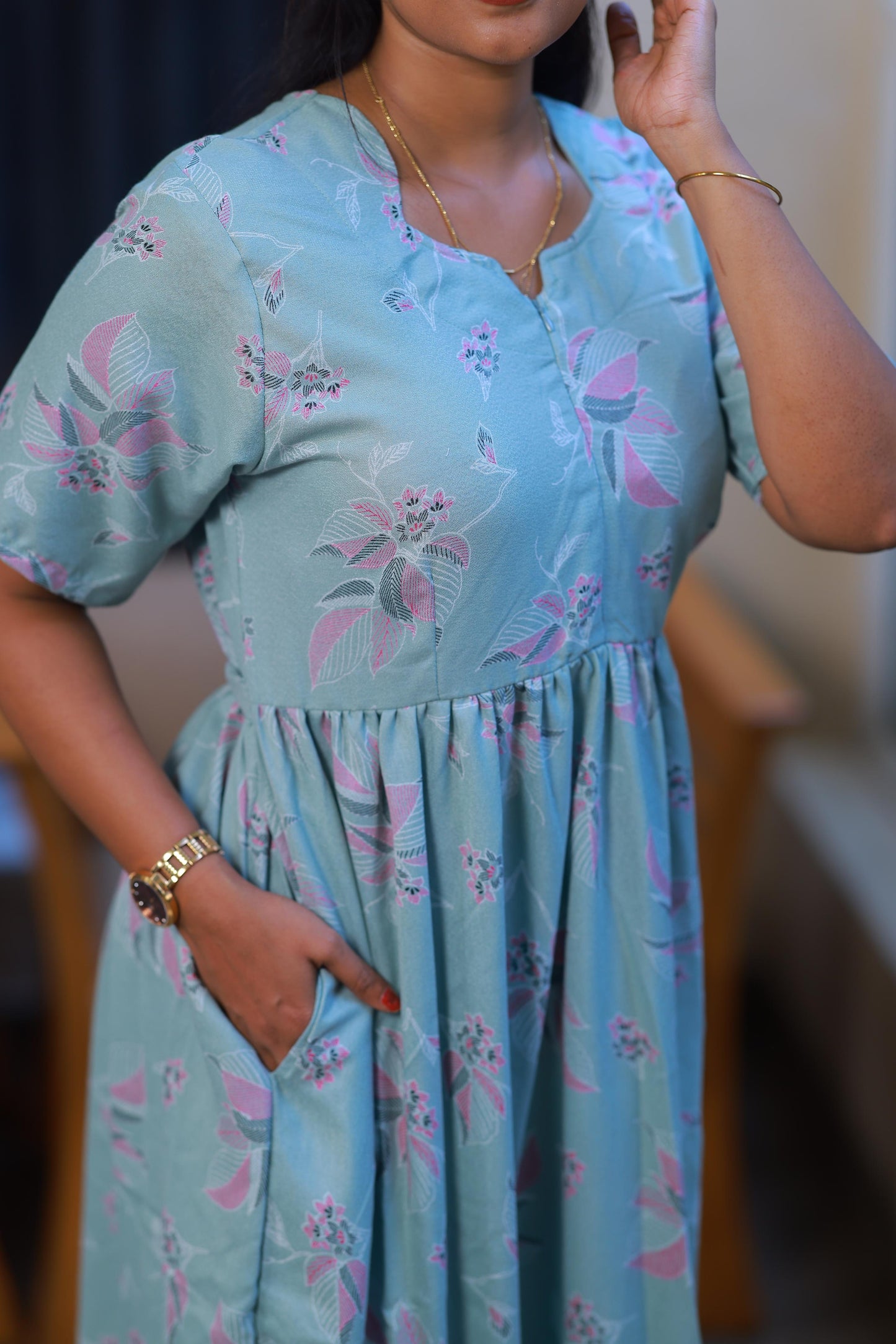 Light Green with Pink Flower Alphine design Center zip Frock