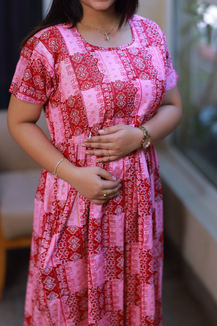 Dark Pink With Light Pink Checked design with side zip Frock