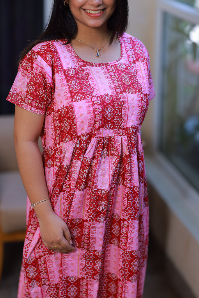 Dark Pink With Light Pink Checked design with side zip Frock