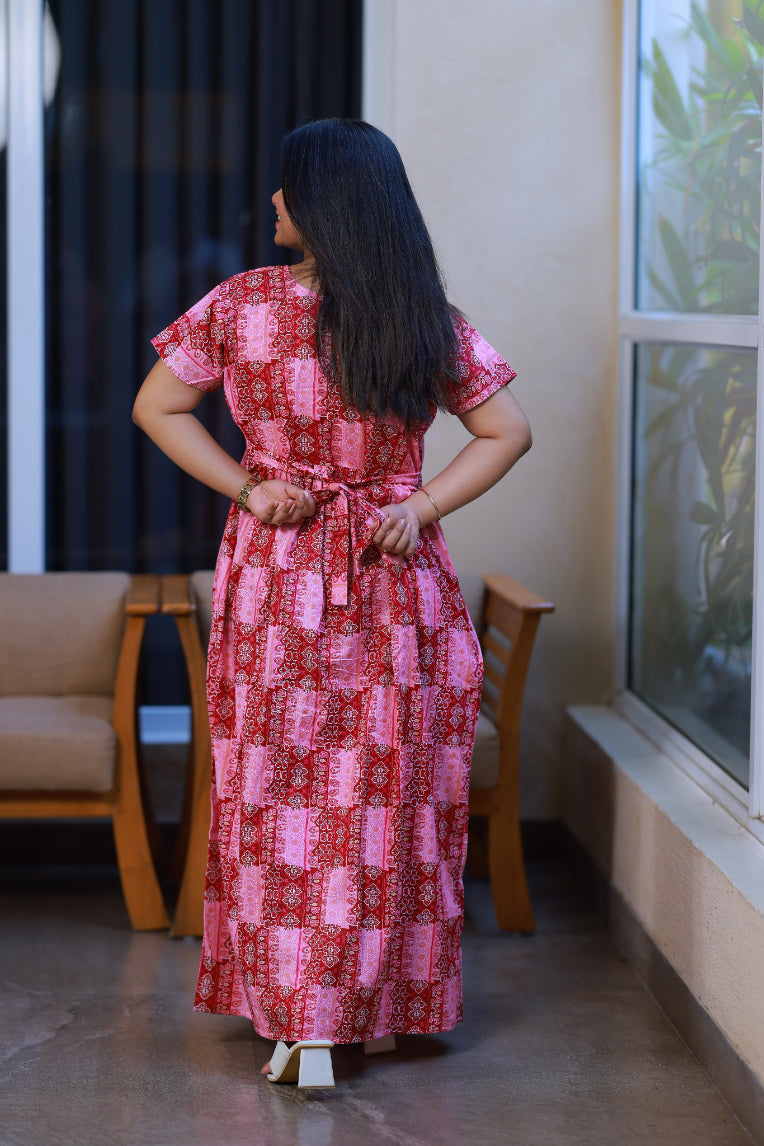 Dark Pink With Light Pink Checked design with side zip Frock