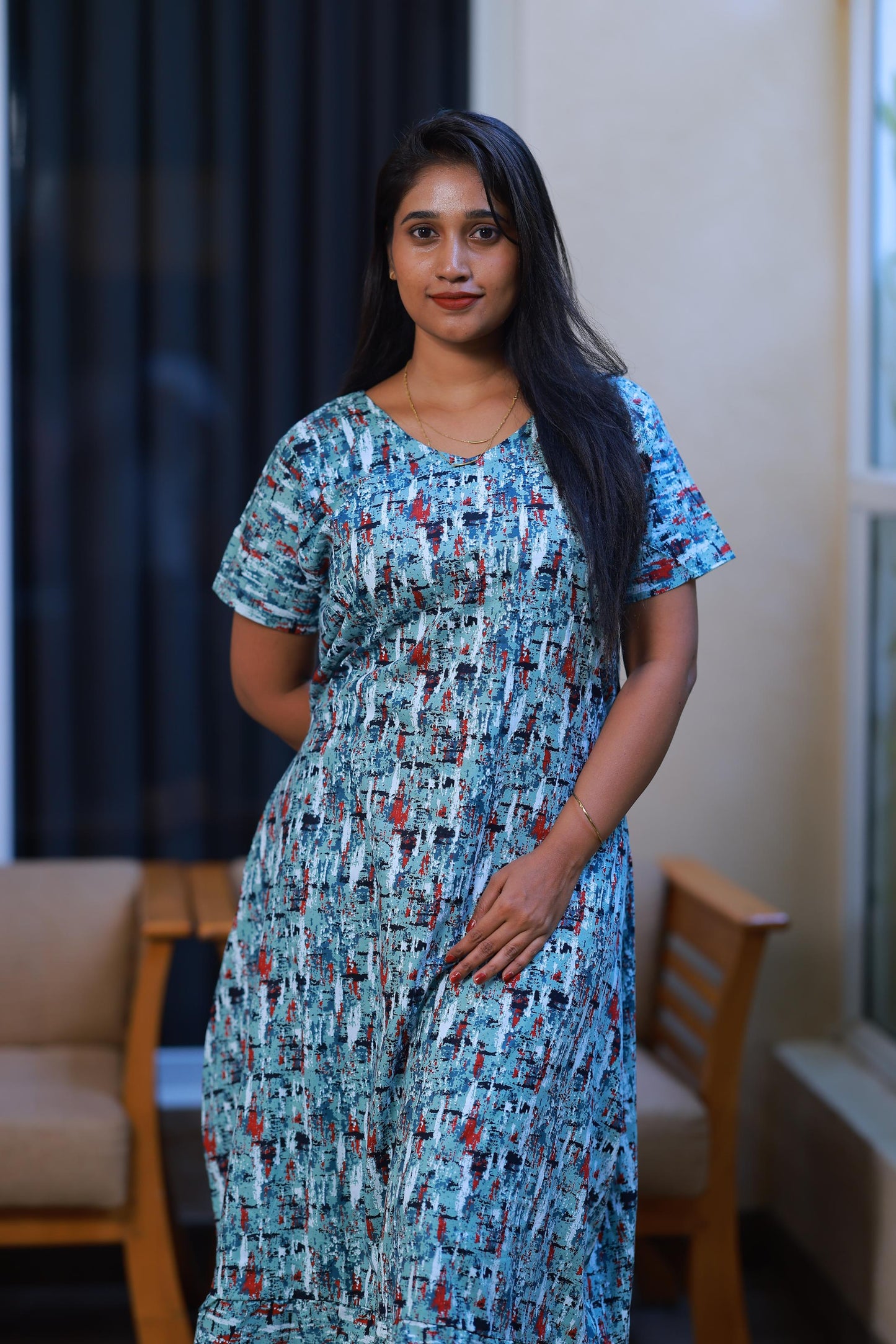 Green With Multy Colour Midi gown Nighty