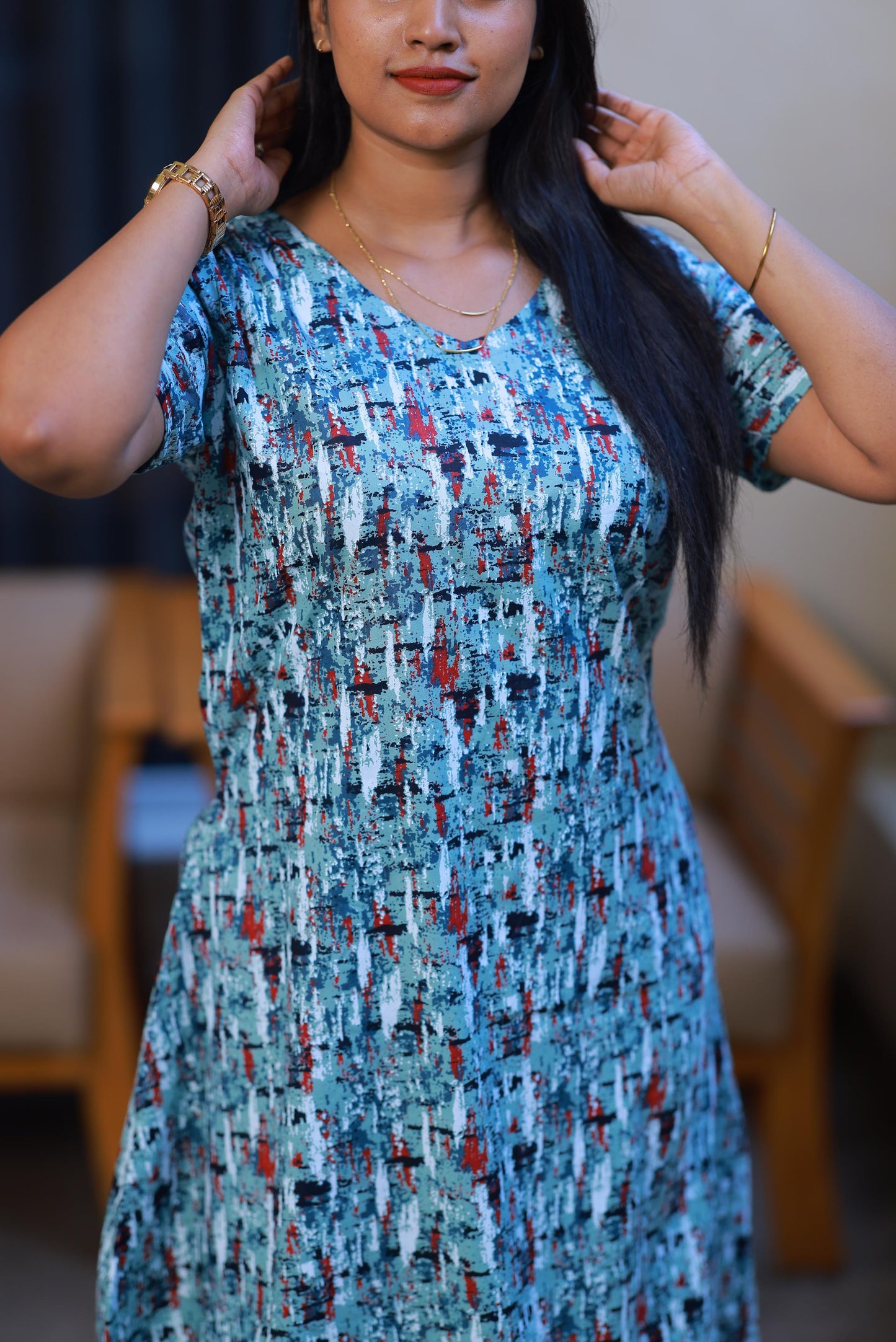 Green With Multy Colour Midi gown Nighty