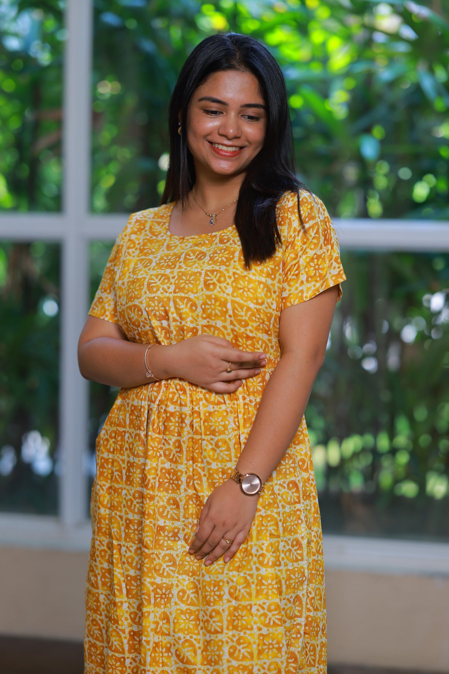 Yellow With White And Leaf design with side zip Frock