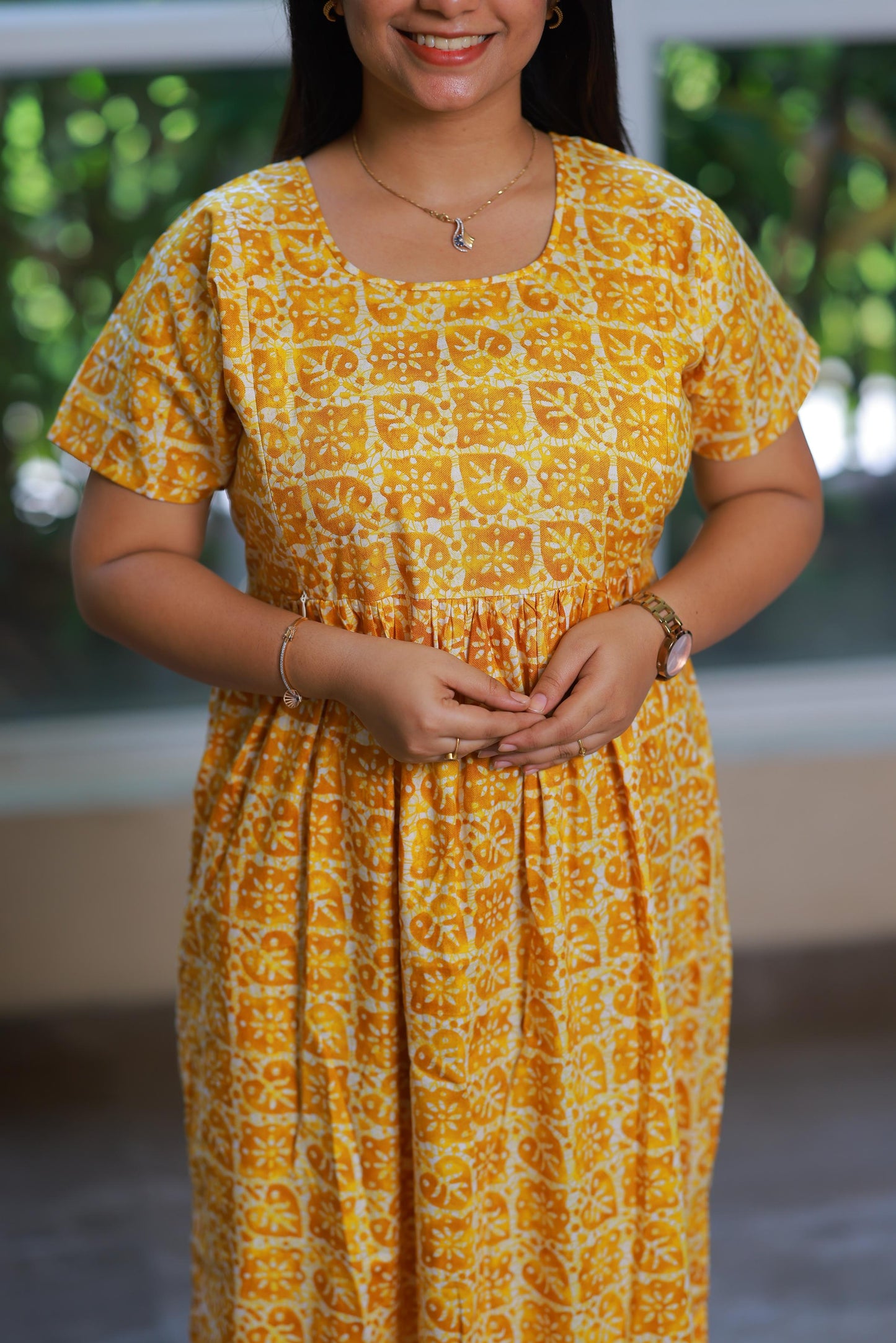 Yellow With White And Leaf design with side zip Frock