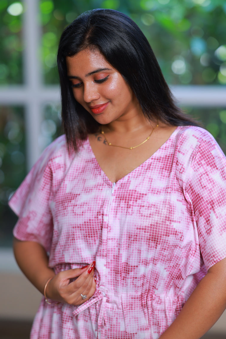 Light Purple With White Checked Design kaftan center zip