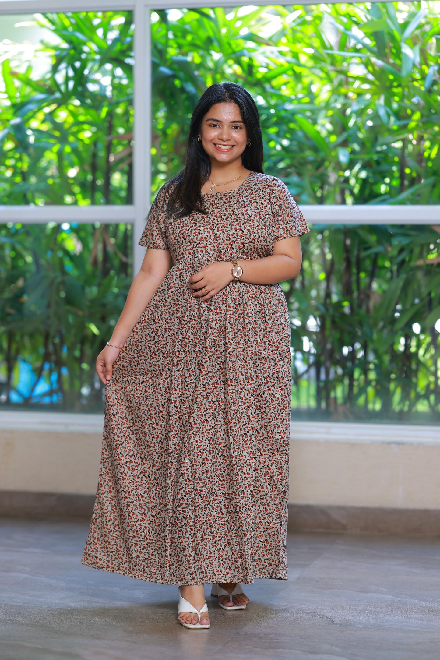 Light Cream With Brown Flower design with side zip Frock