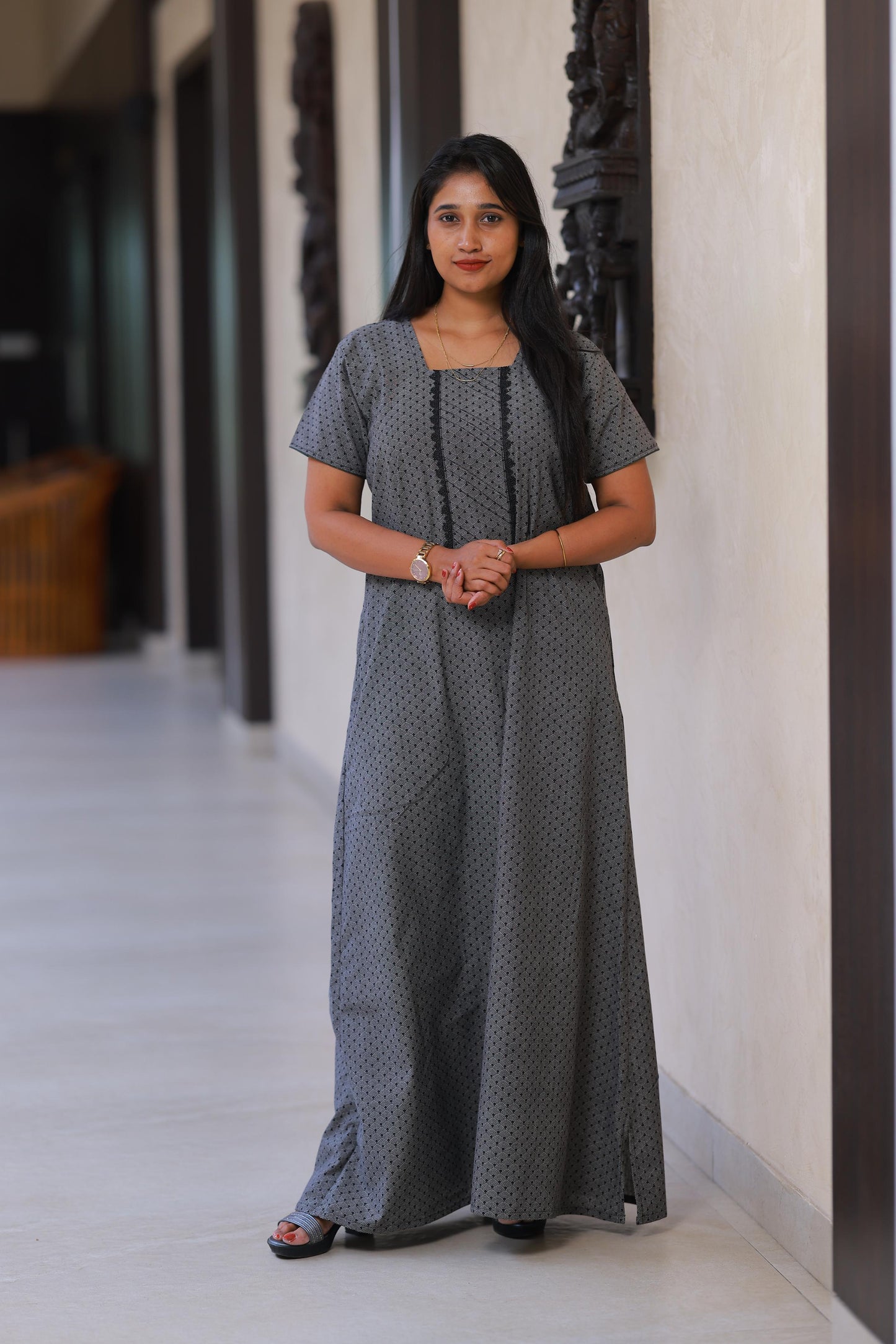 Denim Black With Floral Design Without Zip Nighty