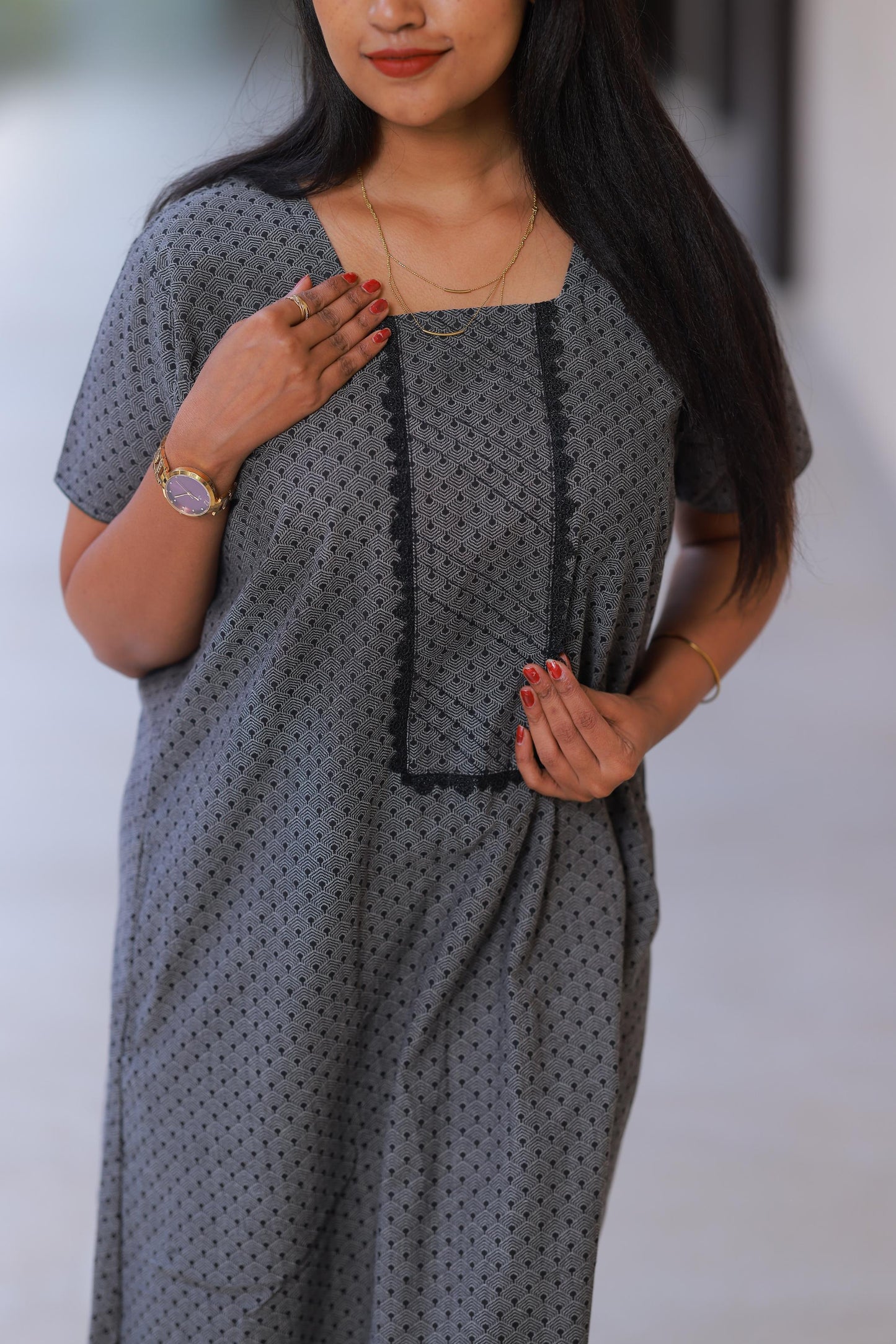 Denim Black With Floral Design Without Zip Nighty