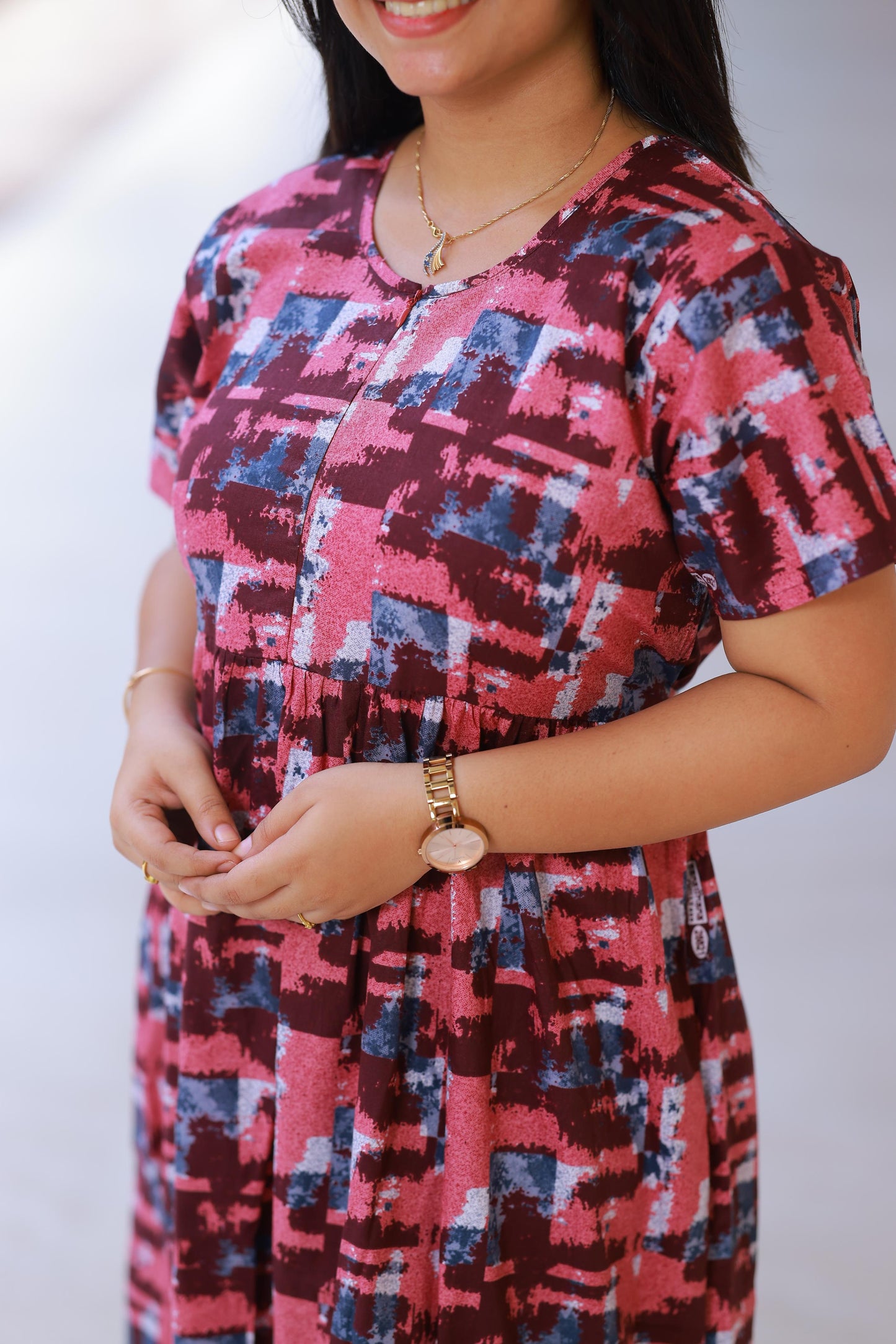 Light Brown with Dark Brown Floral Design center zip Frock