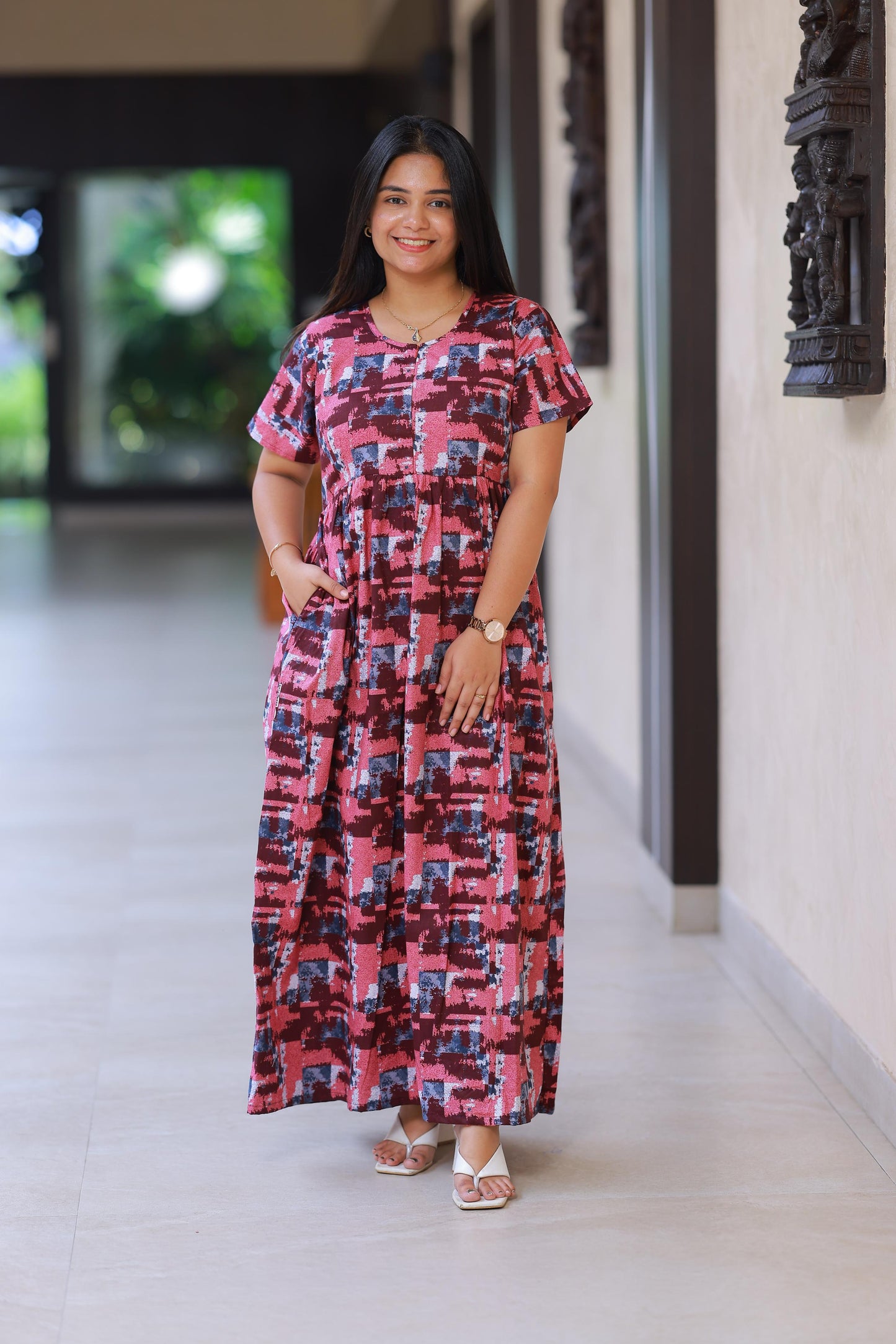 Light Brown with Dark Brown Floral Design center zip Frock