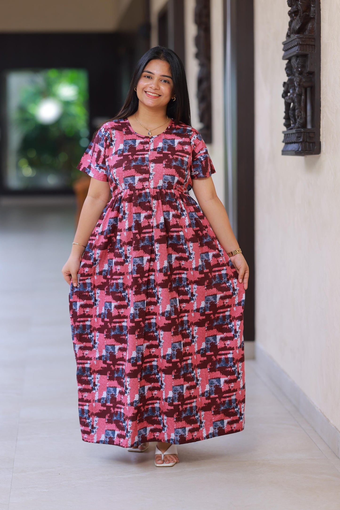 Light Brown with Dark Brown Floral Design center zip Frock