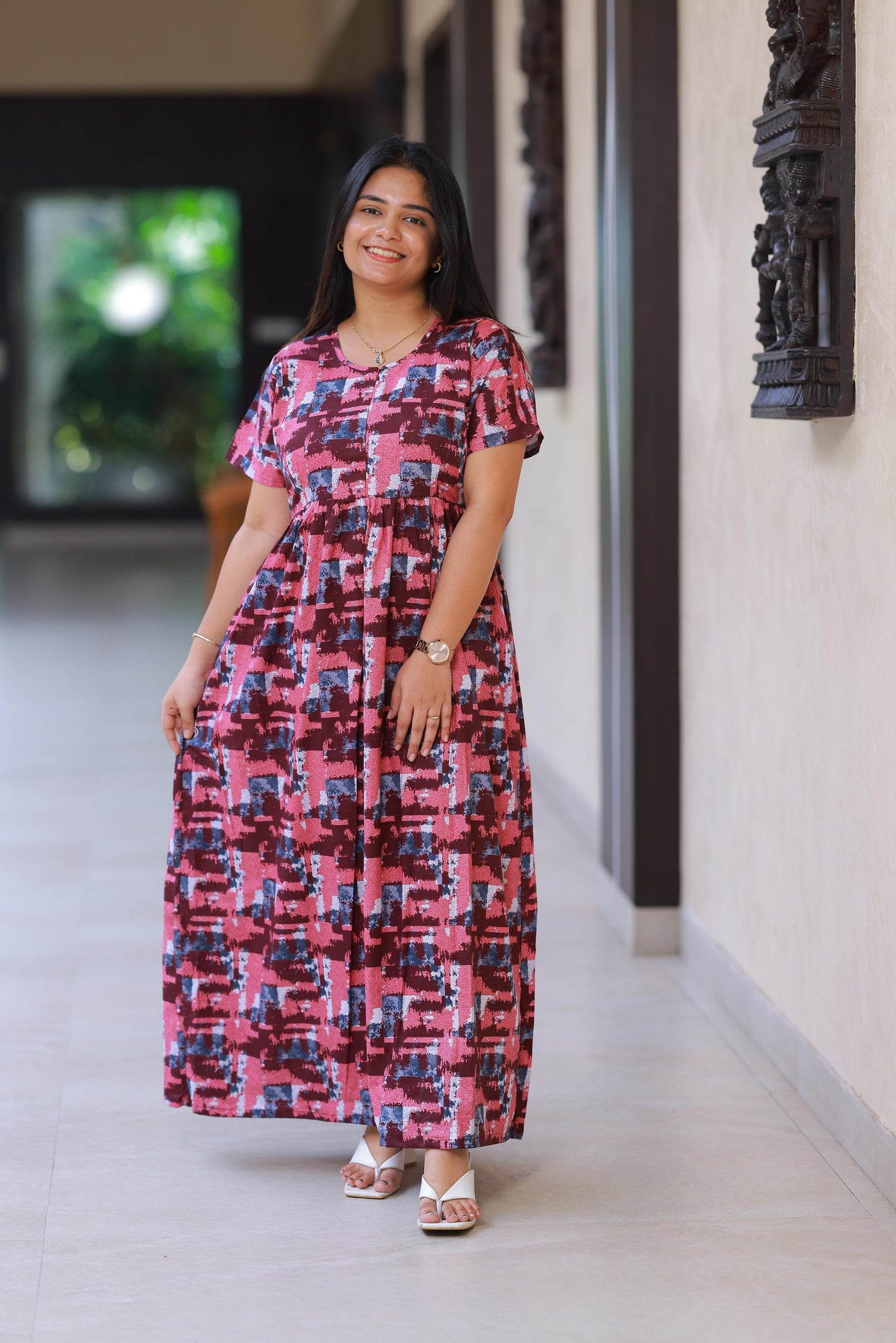 Light Brown with Dark Brown Floral Design center zip Frock