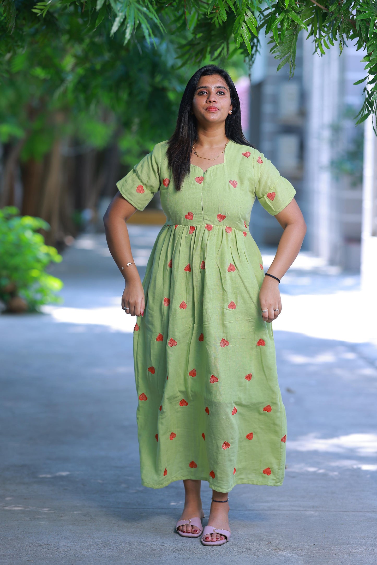 Muslin cotton Light Green frock with center zip