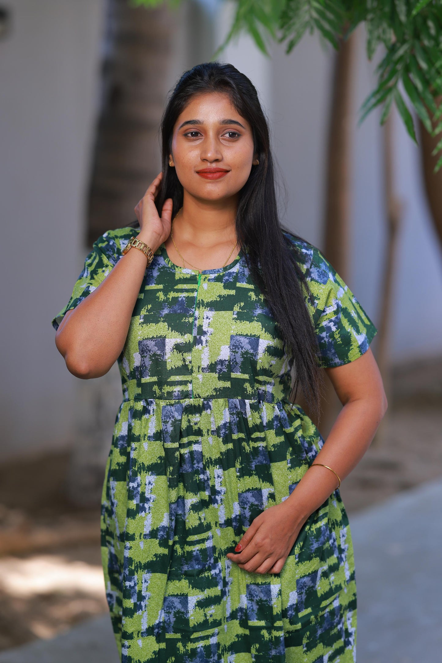 Light Green with Dark Green Floral Design center zip Frock