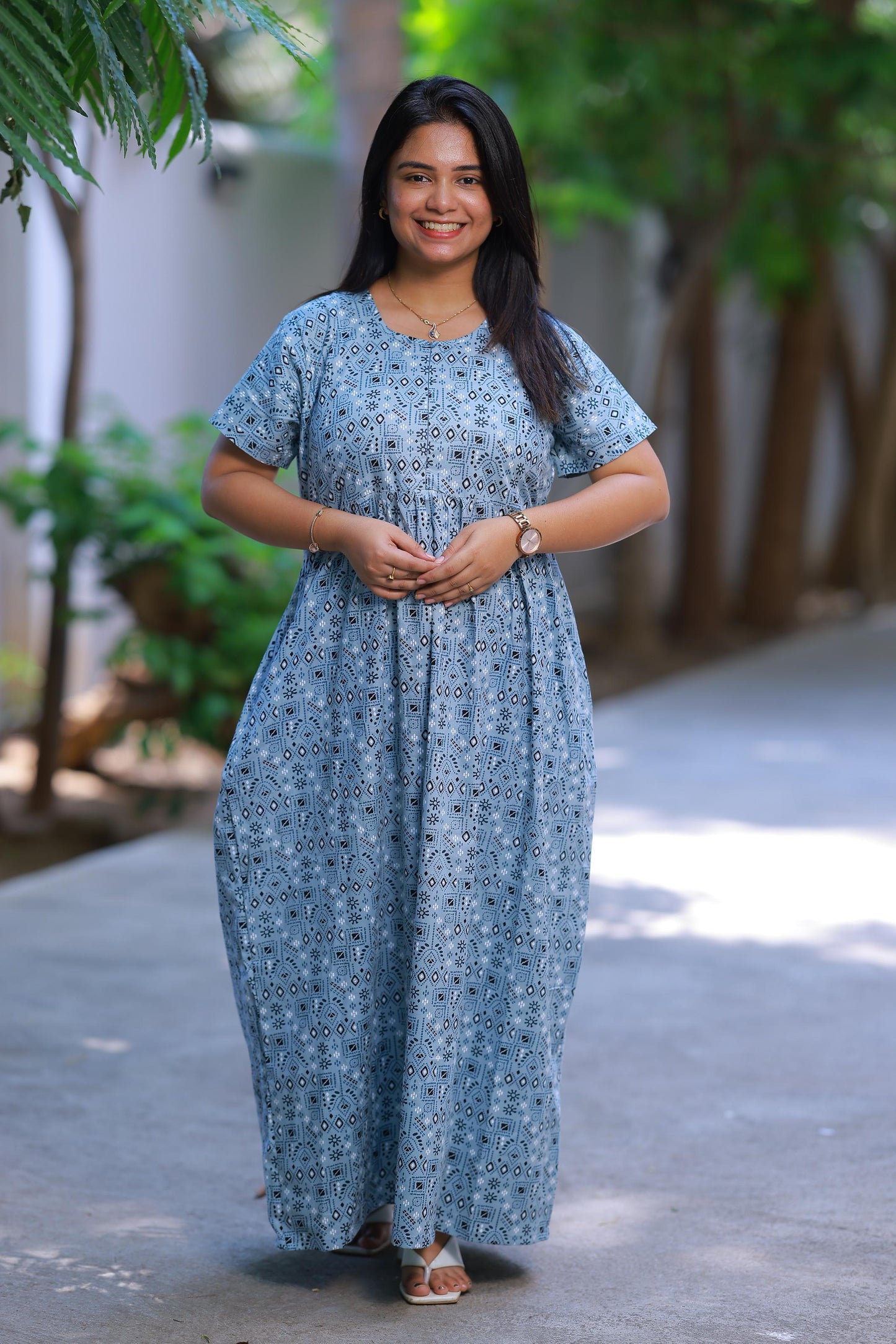 Gray With Black Floral Design center zip Frock