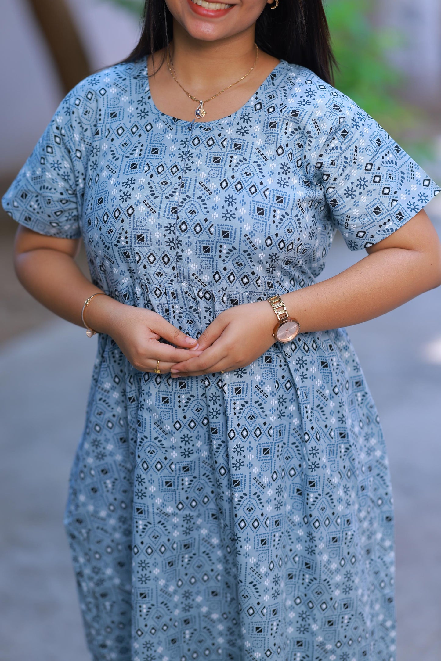 Gray With Black Floral Design center zip Frock
