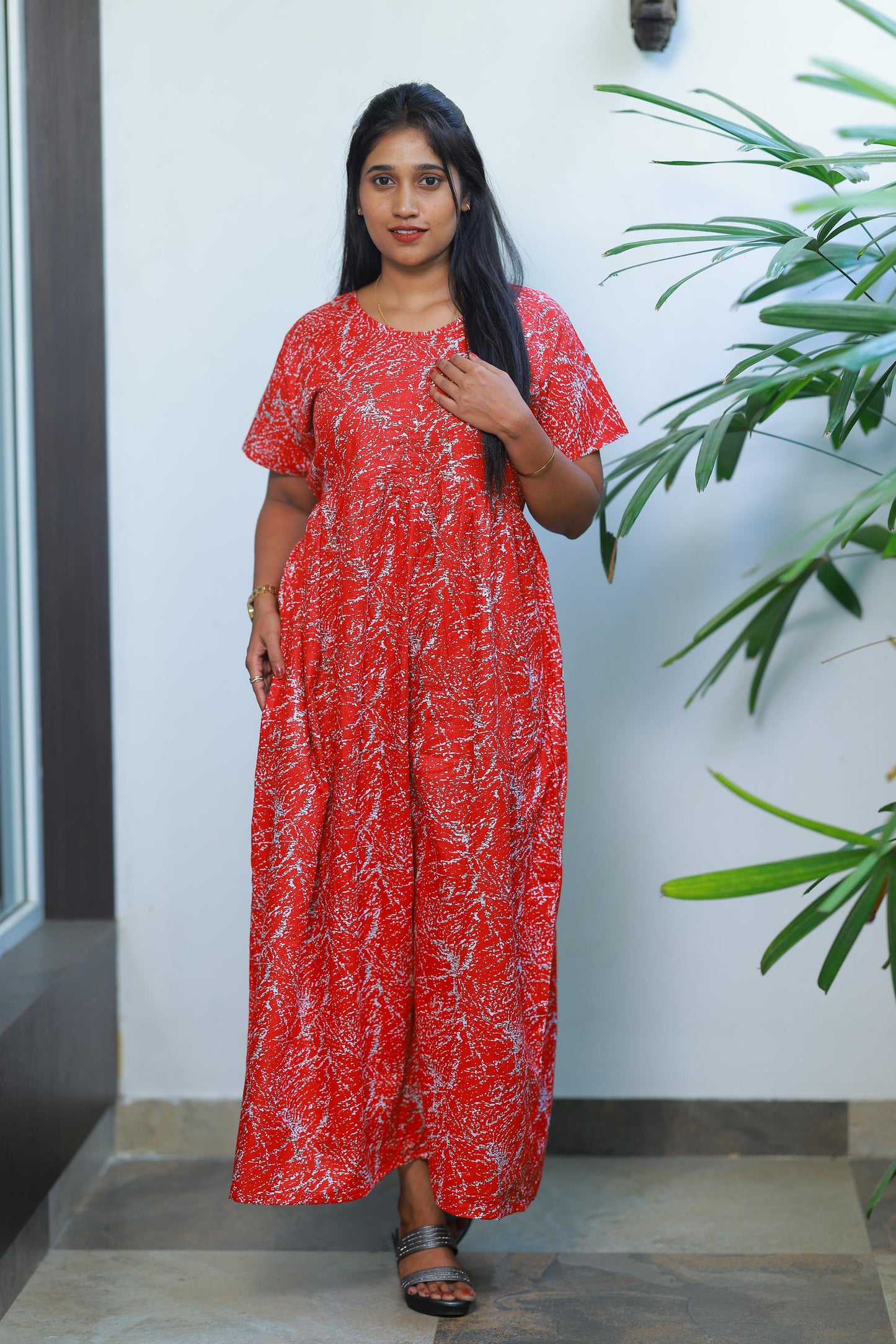 Red with White Floral Design center zip Frock