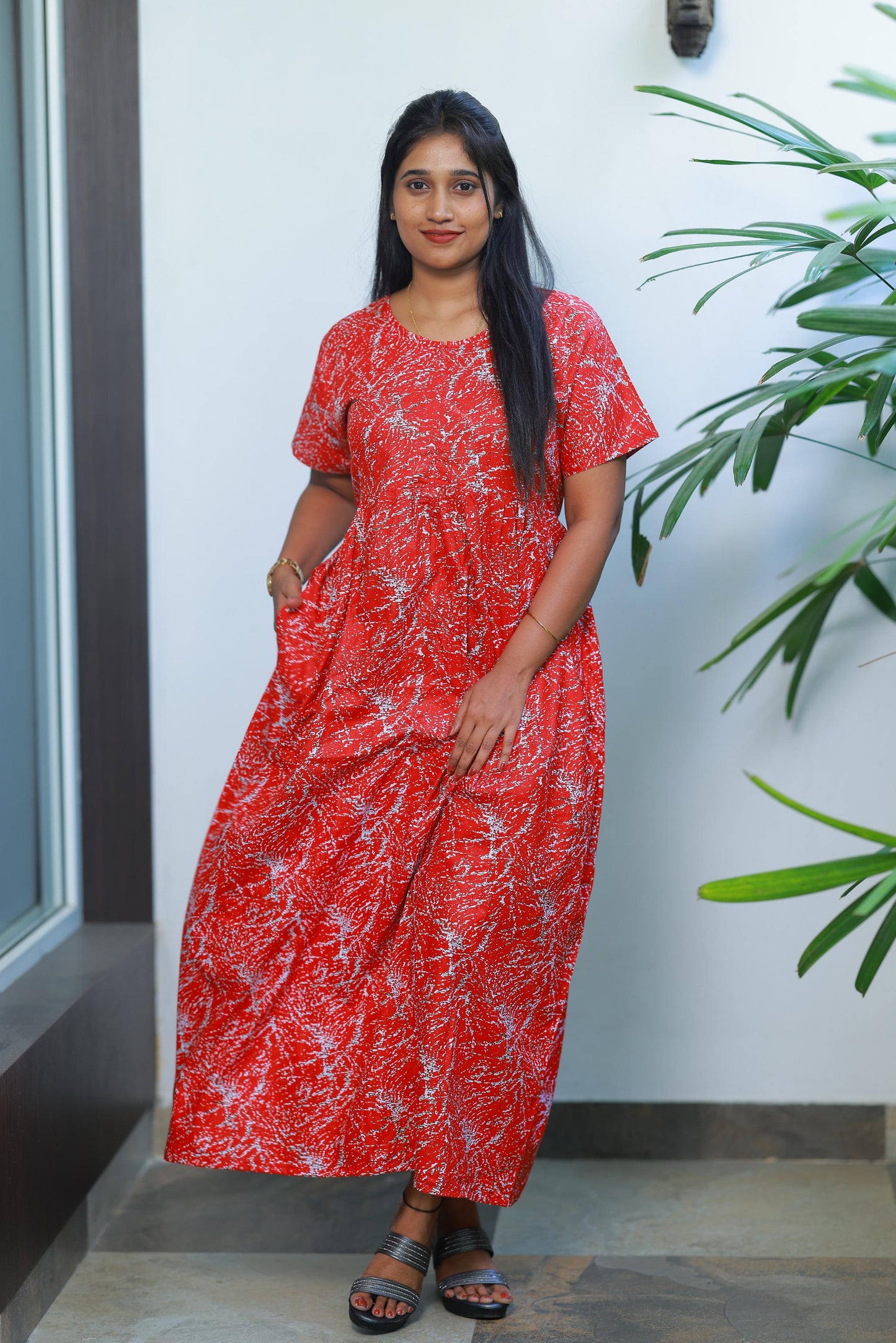 Red with White Floral Design center zip Frock