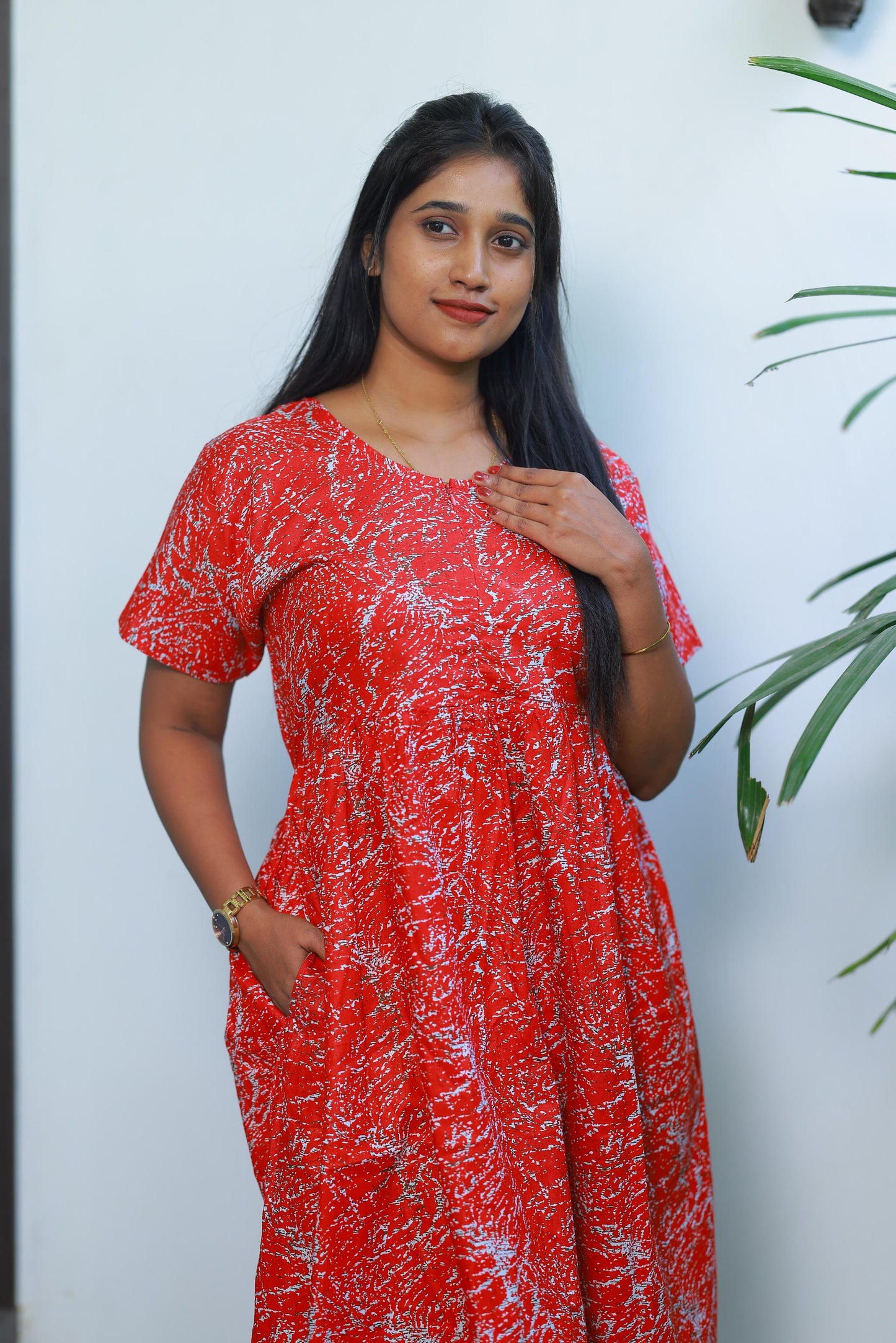 Red with White Floral Design center zip Frock