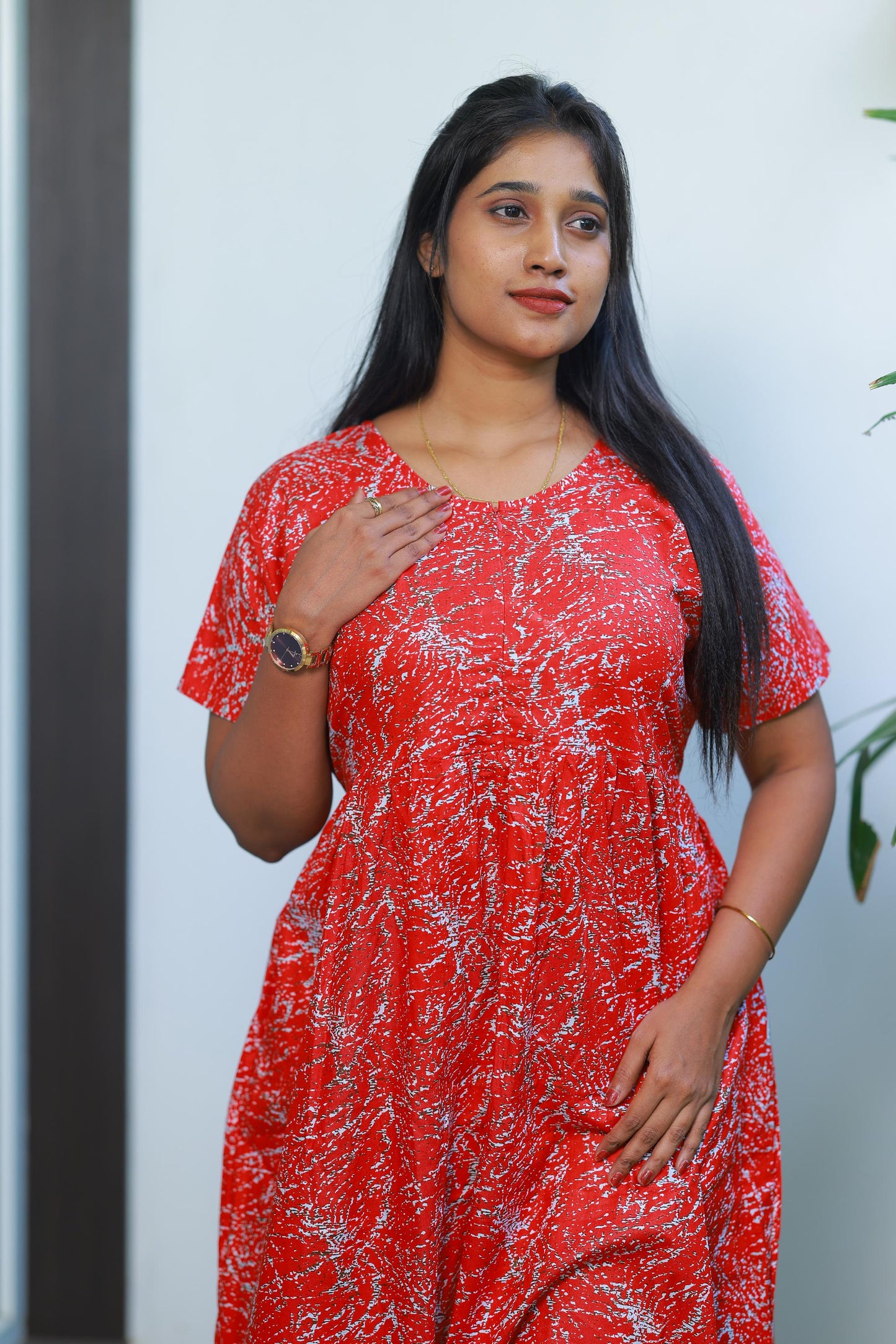 Red with White Floral Design center zip Frock
