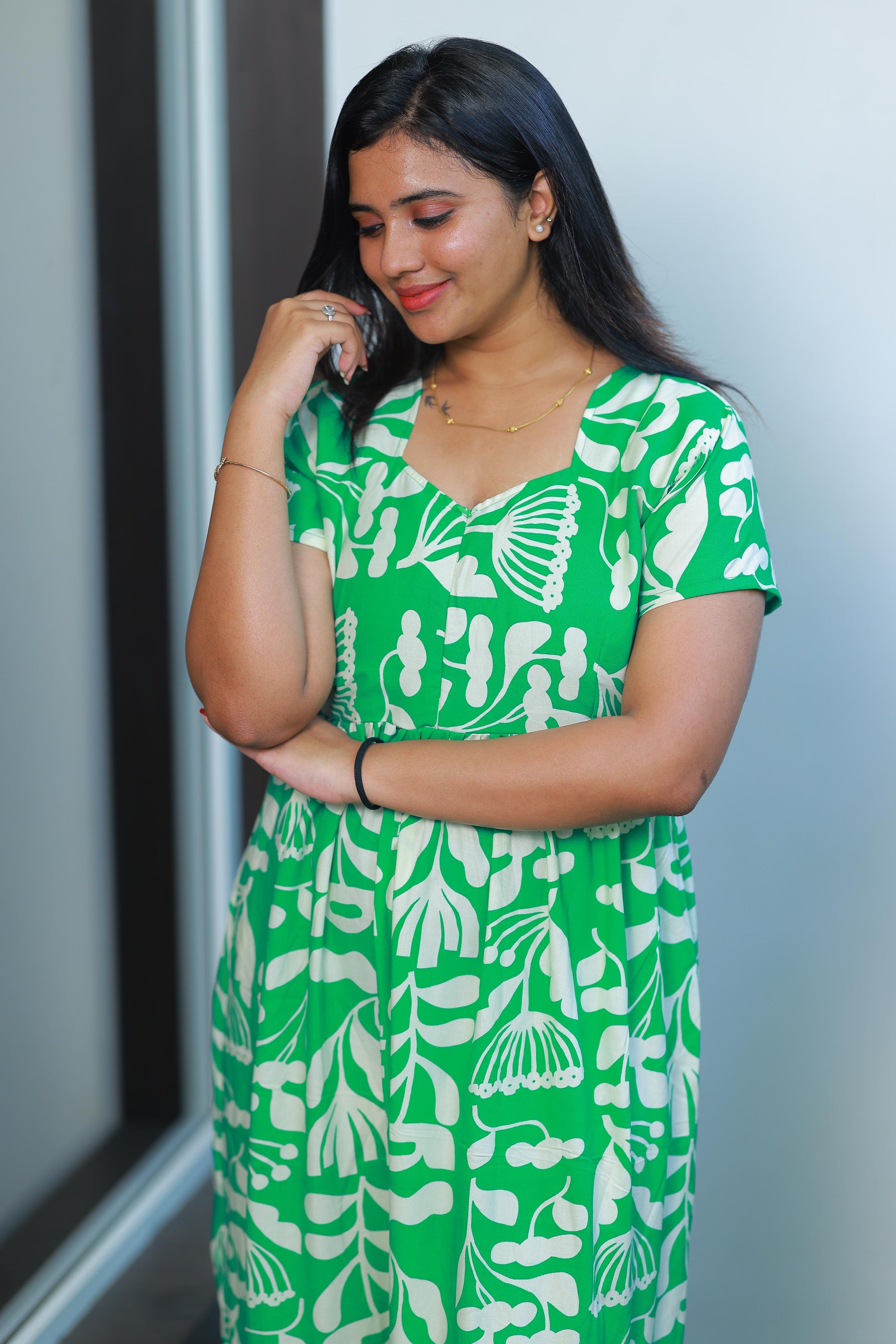 Drak Green with Sandal Alphine desinge center zip Frock - AHA Nightwears