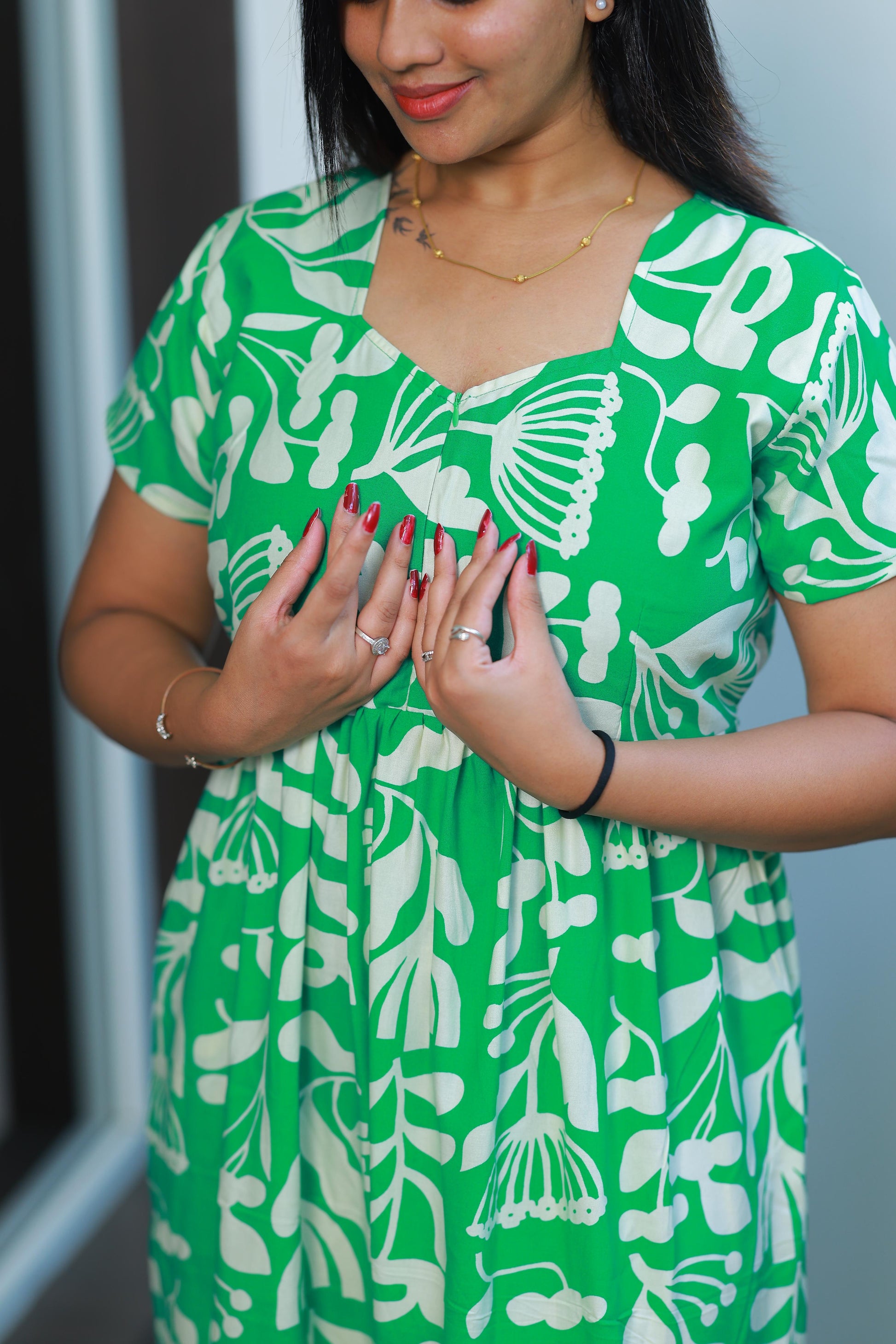 Drak Green with Sandal Alphine desinge center zip Frock - AHA Nightwears